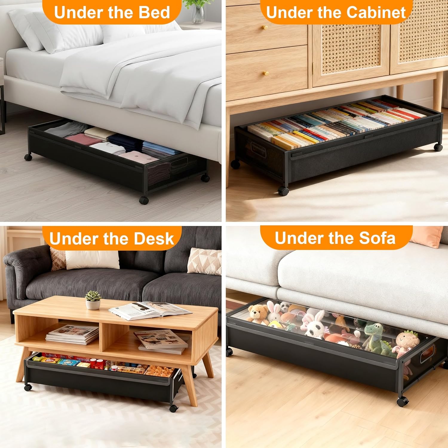 2 Pack Under Bed Storage Containers with Wheels, Rolling Metal Drawers with Clear Lids, Heavy Duty Shoe Organizer for Clothes, Blankets, Seasonal Items, Black Underbed Bins