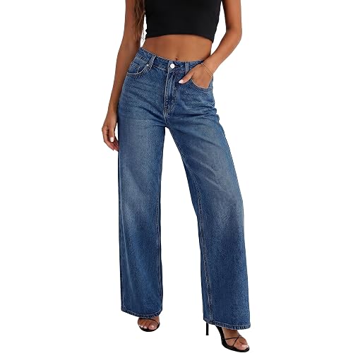 HDLTE Women's High Waist Baggy Jeans - Wide Leg Loose Denim Pants with Pockets