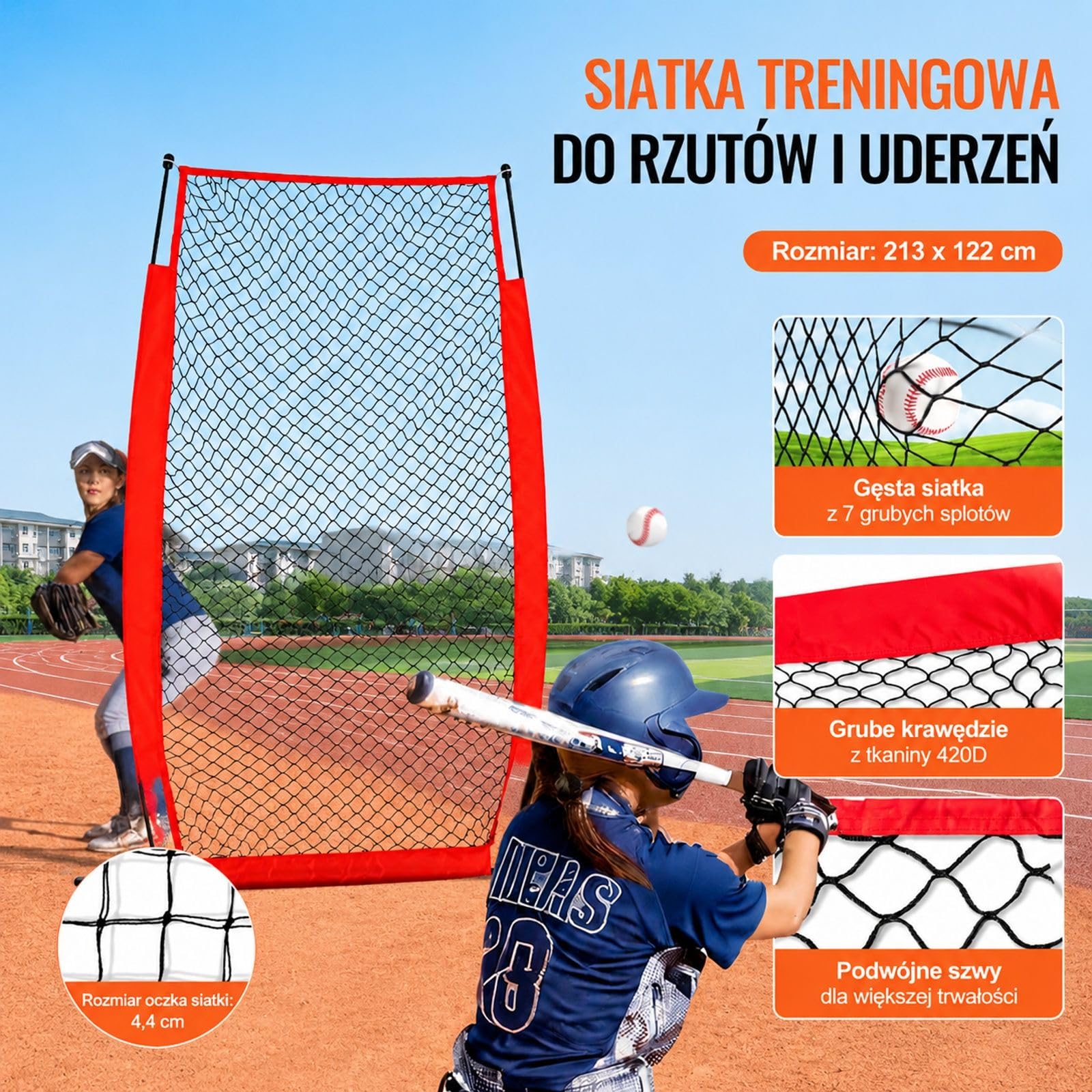 Ekran do odbijania baseballu i softballu, przenośna siatka treningowa typu I, czerwona, z torbą transportową i kołkami do gruntu