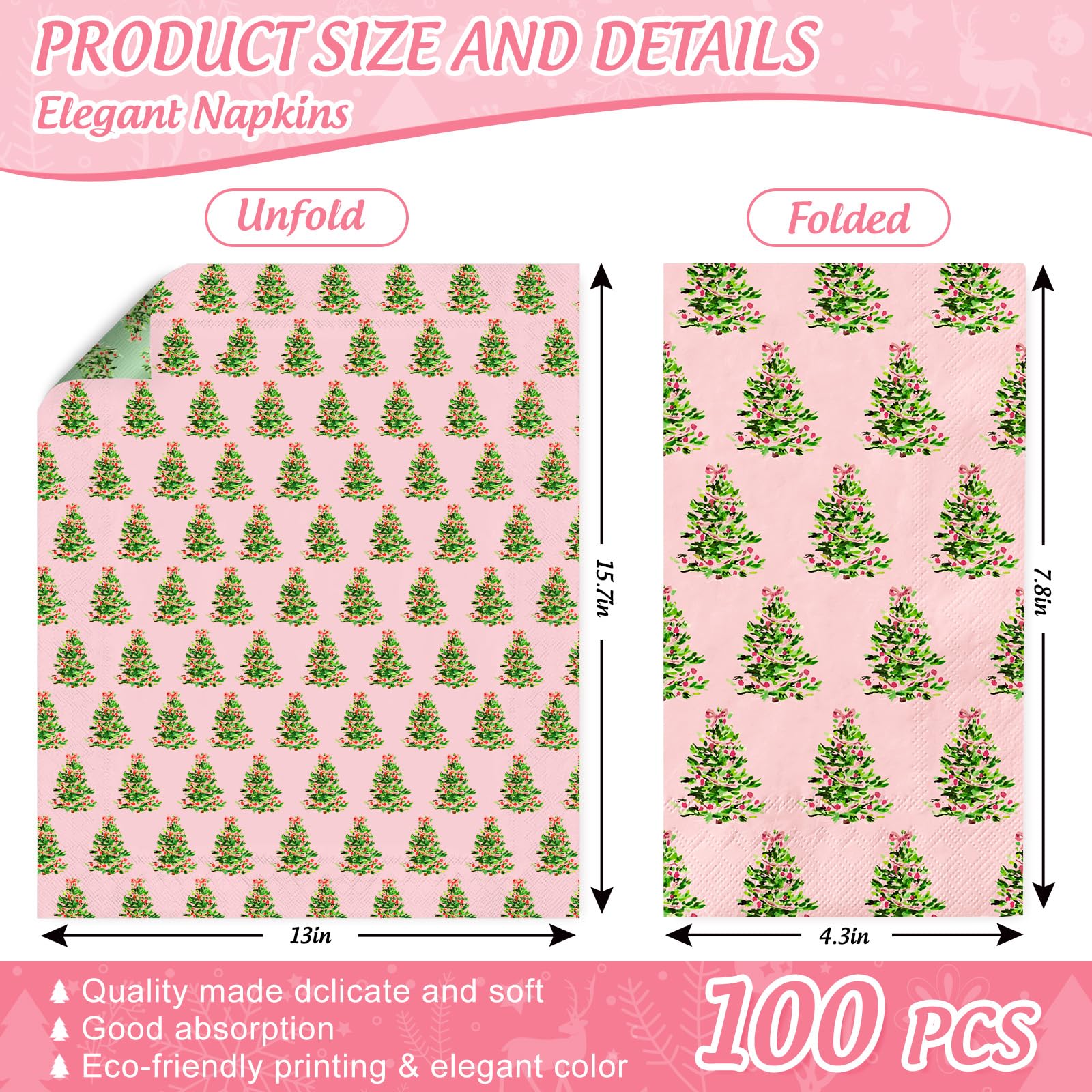 JarThenaAMCS 100 tovaglioli di carta per ospiti di Natale, colore rosa, verde, con albero di Natale, usa e getta, per la cena, per il bagno, le vacanze, le feste, la tavola