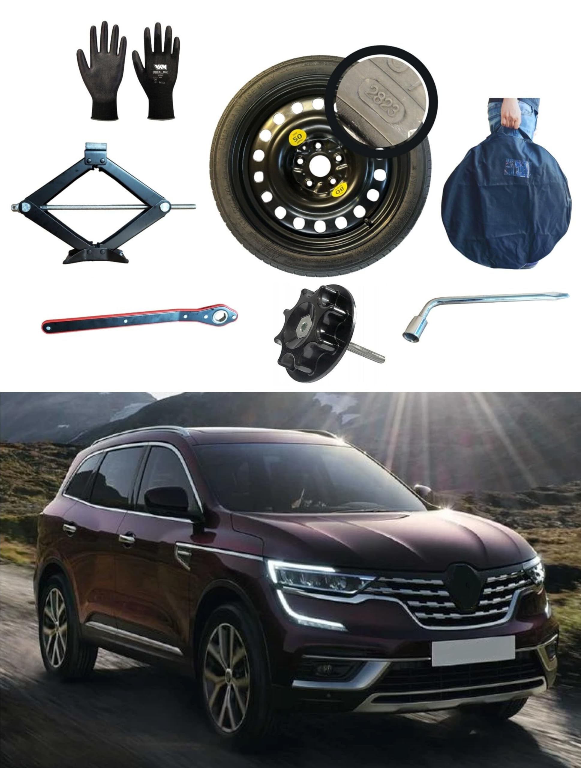 Kit Roue de secours 17" compatible avec Renault Koleos avec Cric, Clé, Vis, Gants et Sac