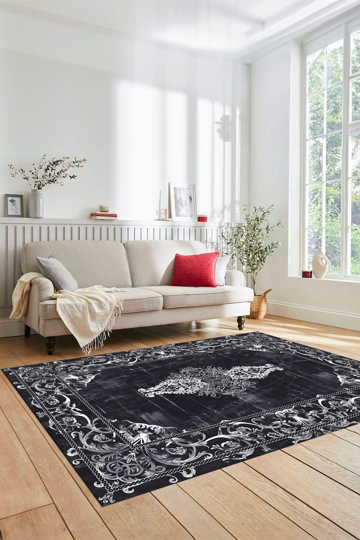 Evdeya Göbekli Klasik Motifli Dijital Kaymaz Taban Yıkanabilir Yolluk Mutfak Salon Halısı KLASİK-28, Antrasit, 60 x 150