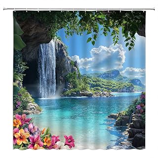 Tropical Ocean Shower Curtain Blue Sea Leaves Floral Hawaii Nature Scenery Landscape Spring Summer Fabric Decorative Bathroom Curtains with Hooks,Blue Green