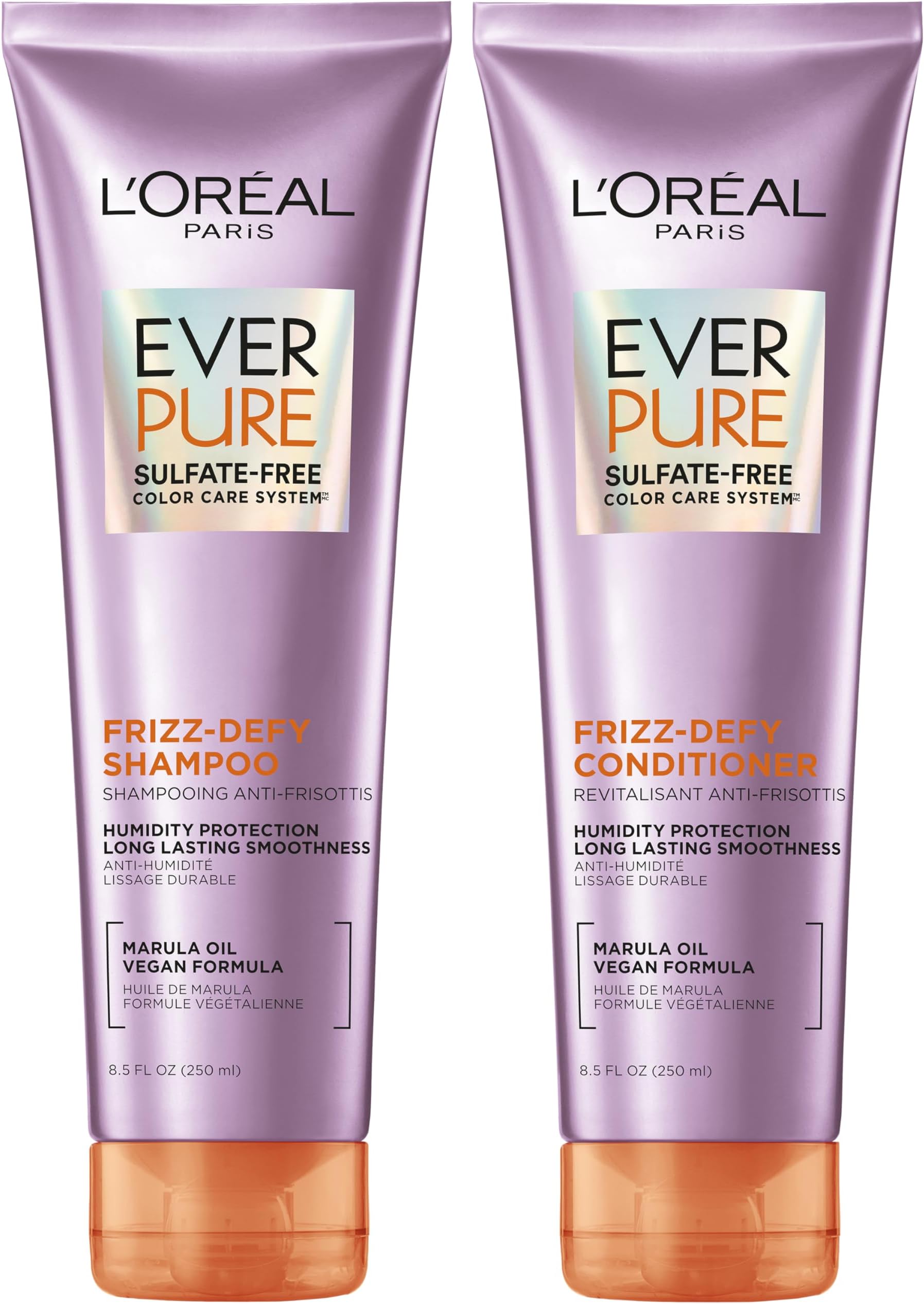 L'Oreal Paris Frizz Defy Shampoo and Conditioner Set, Frizz Control Hair Care with Marula Oil, EverPure, 8.5 Fl Oz, Set of 2