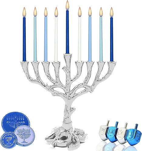 Miniatura 3 de The Dreidel Company Hanukkah Menorah Tree of Life Mini, acabado de níquel para Janucá, se adapta a la mayoría de velas estándar de Hanukkah Pequeño