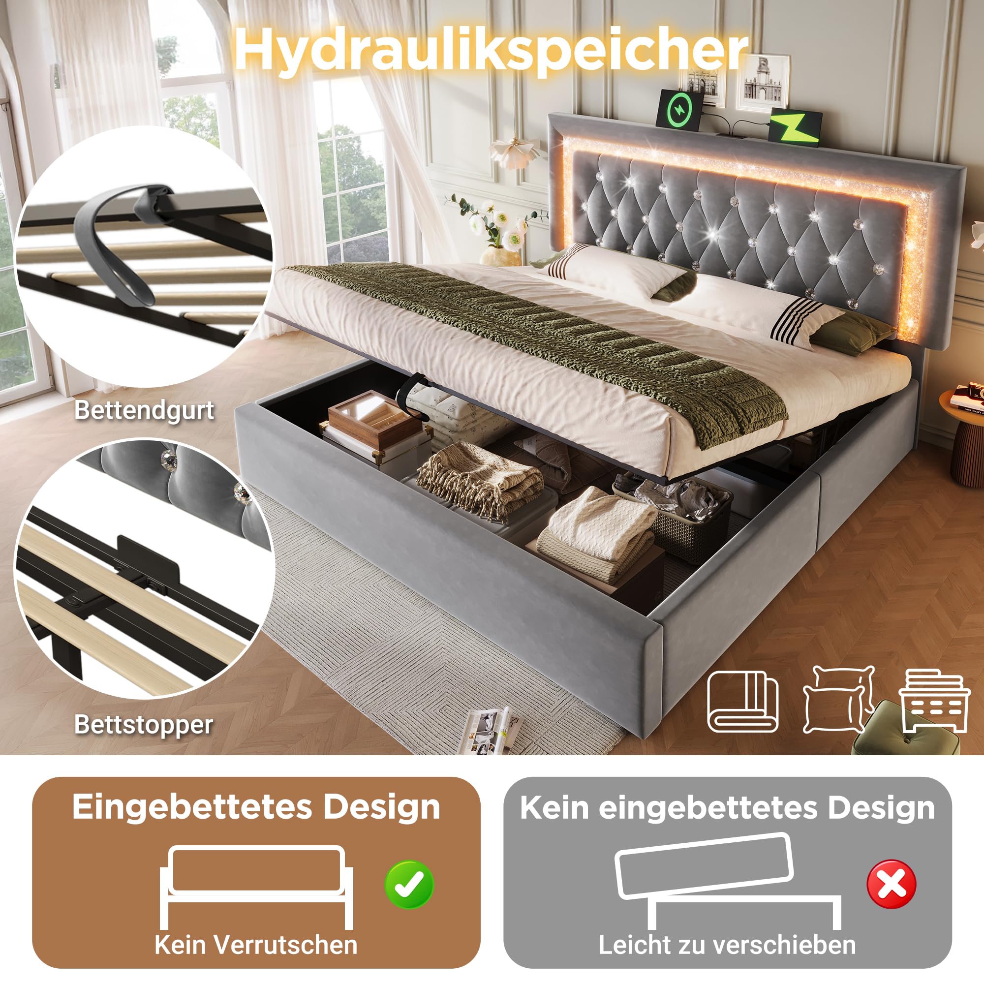 Łóżko tapicerowane 180 x 200 cm, aksamitne łóżko podwójne z paskami diamentowymi LED, stacja ładująca USB & Type-C, hydrauliczne łóżko do przechowywania, nowoczesne łóżko młodzieżowe ze