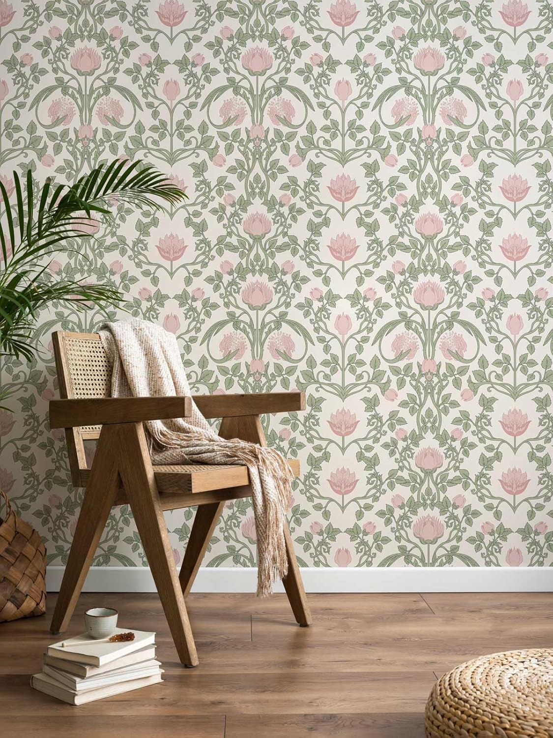 Floral Wallpaper Peel and Stick - 393.7" × 17.3" Pink and Green Wallpaper for Bedroom Decorative Self Adhesive Shelf Drawer Liner Pink 17.3" x 393.7"