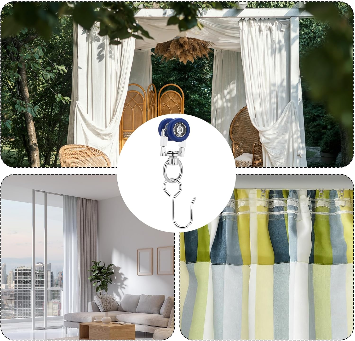 Kathfly 30 Pack Ceiling Curtain Rollers with Mute Wheel Curtain Rail Pulleys Runners Sliding Track Gliders Ceiling Mounted Rail with Rolling Hooks for Drapes, and Room Dividers