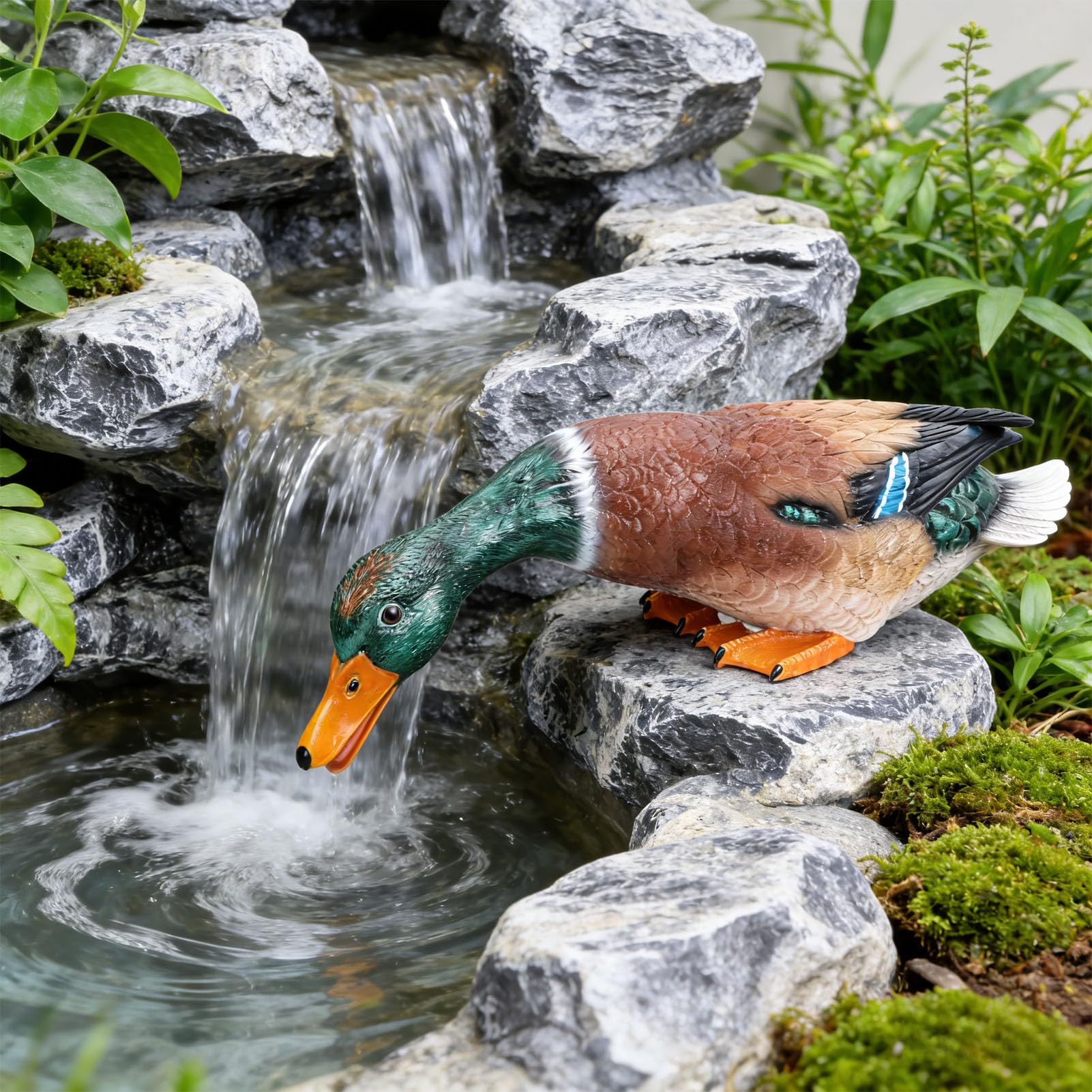 Tonysa Statua di Anatra Germano Reale in Resina Realistica Testa Verde Anatra Acqua Potabile Scultura per Giardino Esterno Balcone Arredamento
