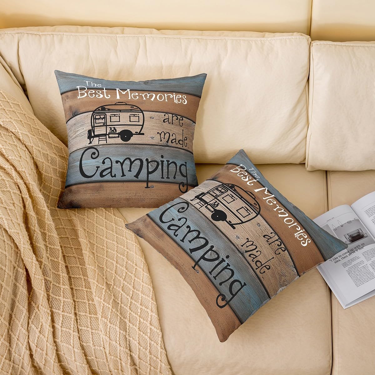 Set of 2 Rustic Farmhouse Throw Pillow Covers 22x22 Inch, Camper Cabin Pillow Covers, Happy Camping Decorative Square Pillow Cases for Indoor Outdoor, Brown Grey Blue Old Barn Door Cushion Covers