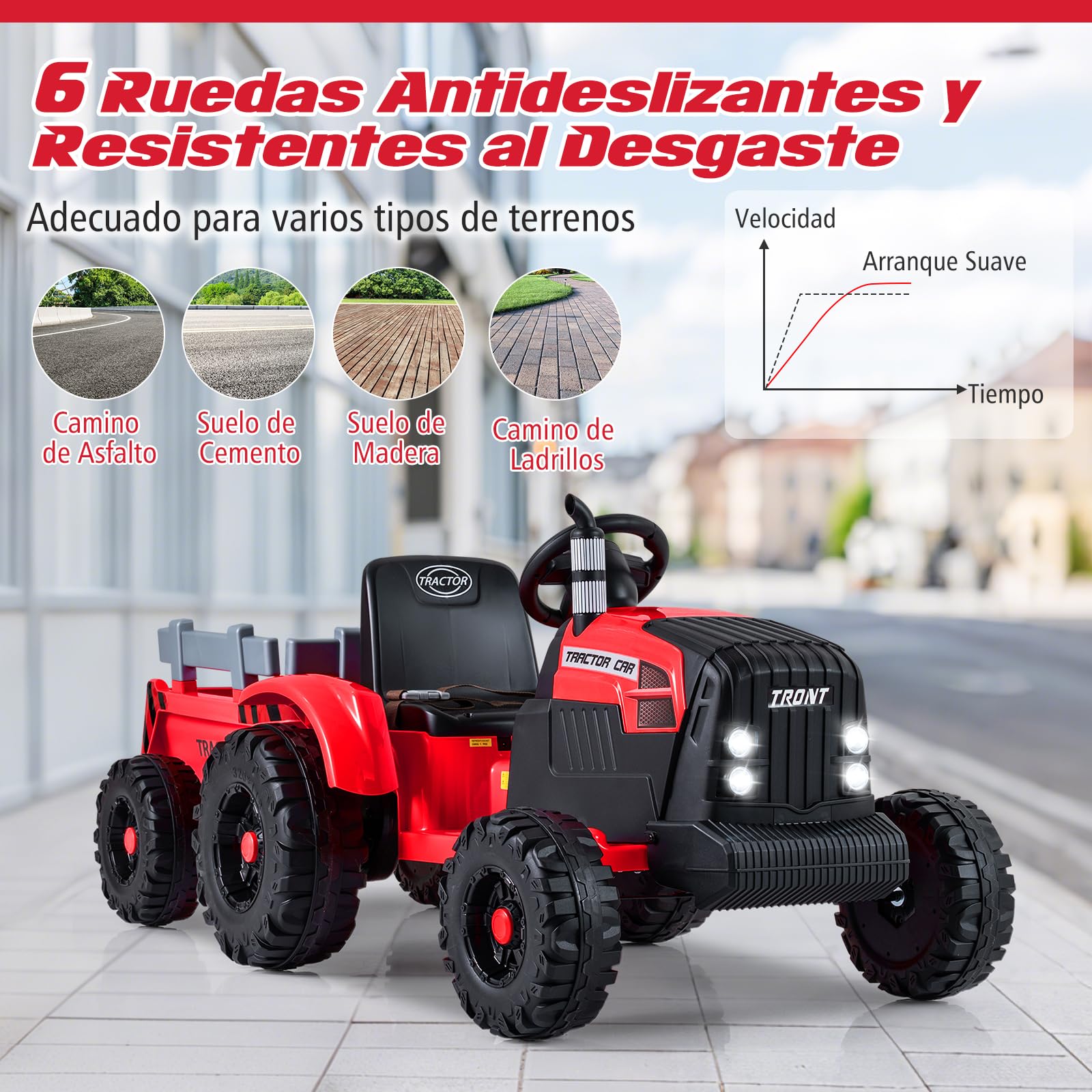 COSTWAY Tractor Eléctrico para Niños 24V, Coche Eléctrico para Niñoso con Remolque Desmontable, Control Remoto, Música, Puerto USB, Luces LED, Tractor Juguete a Batería para Niño de 3 a 8 Año (Rojo)