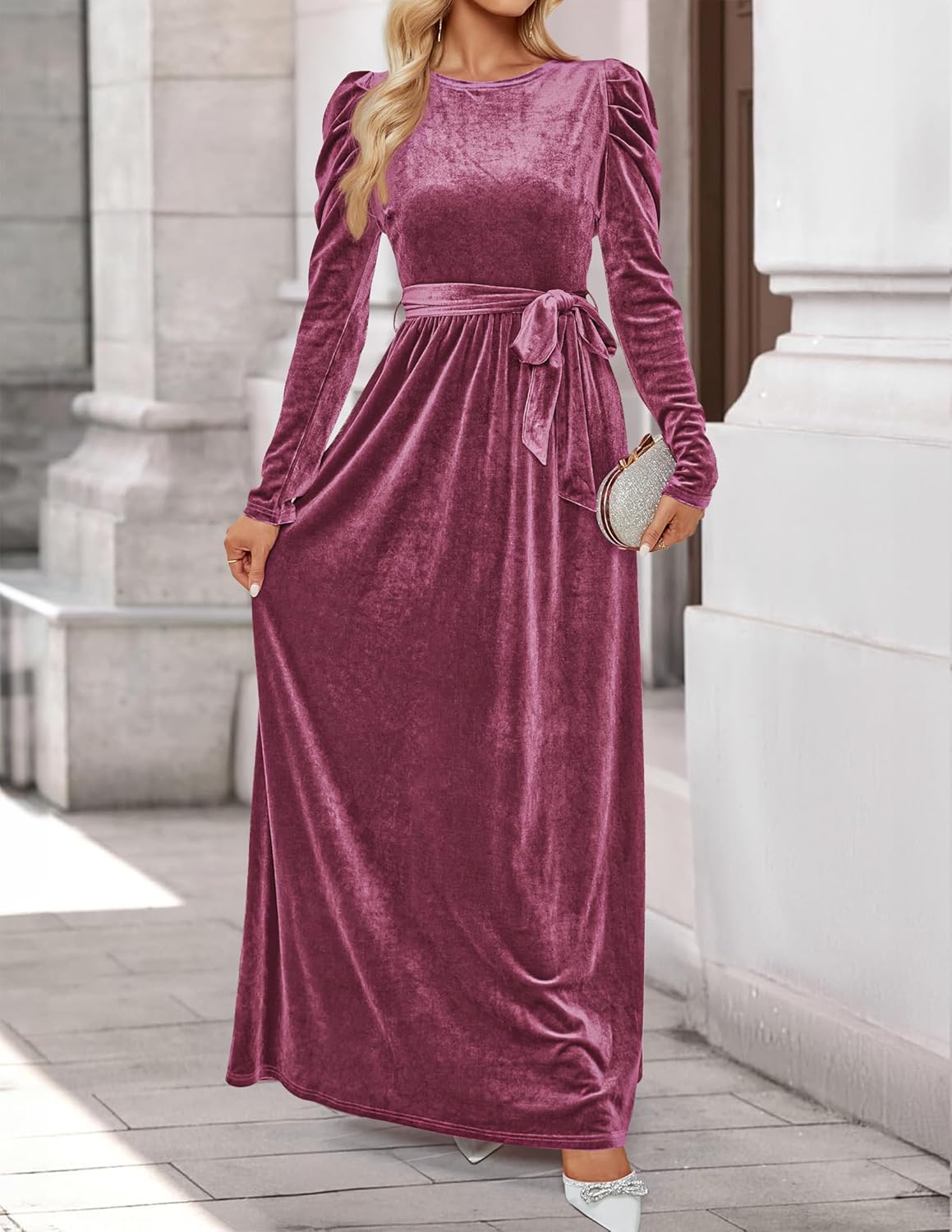 ZESICA Women's Velvet Maxi Dress Fall 2026 Long Puff Sleeve Crew Neck Elastic High Waist Cocktail Party Bridesmaid Dresses - Image 2