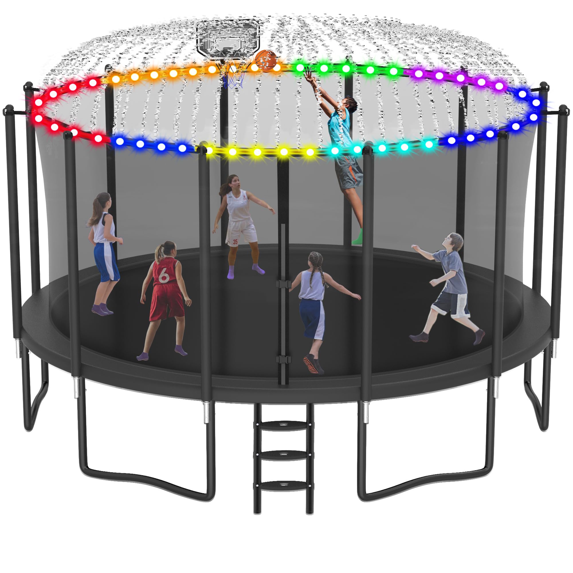 LHX 8 10 12 14 15 16FT Tranpoline Outdoor 1500LBS with Basketball Hoop, Light and Sprinkler, Large Heavy Duty Round Recreational Tranpoline for Kids