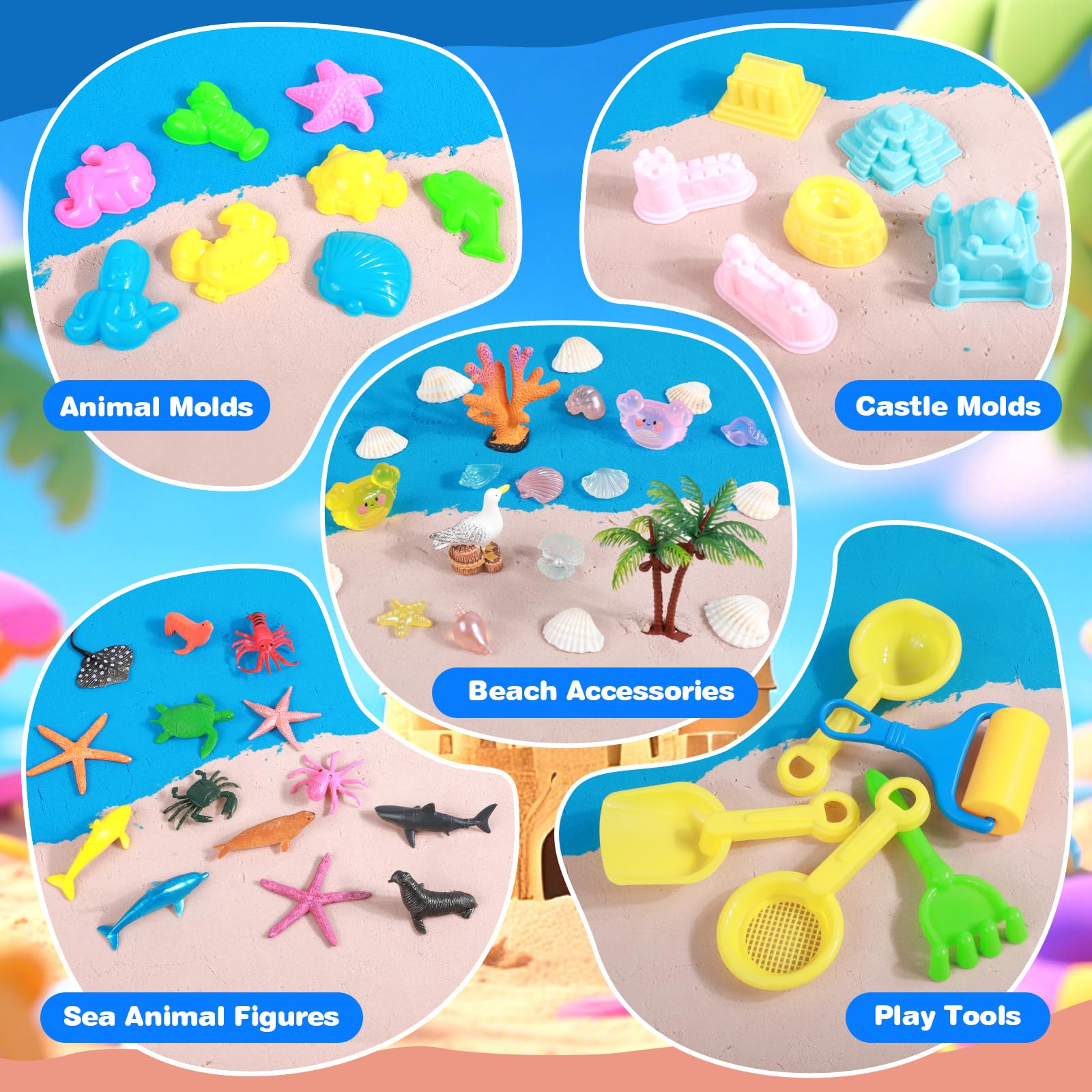 twoonto Spielsandkunst Set, Ozean Sensorikbehälter mit 1,5 kg Farbsand Sandkasten Sensorikspielzeug Meerestierformen, Burgformen für Mädchen und Jungen im Alter von 3 4 5 6 7 8 9 Jahren