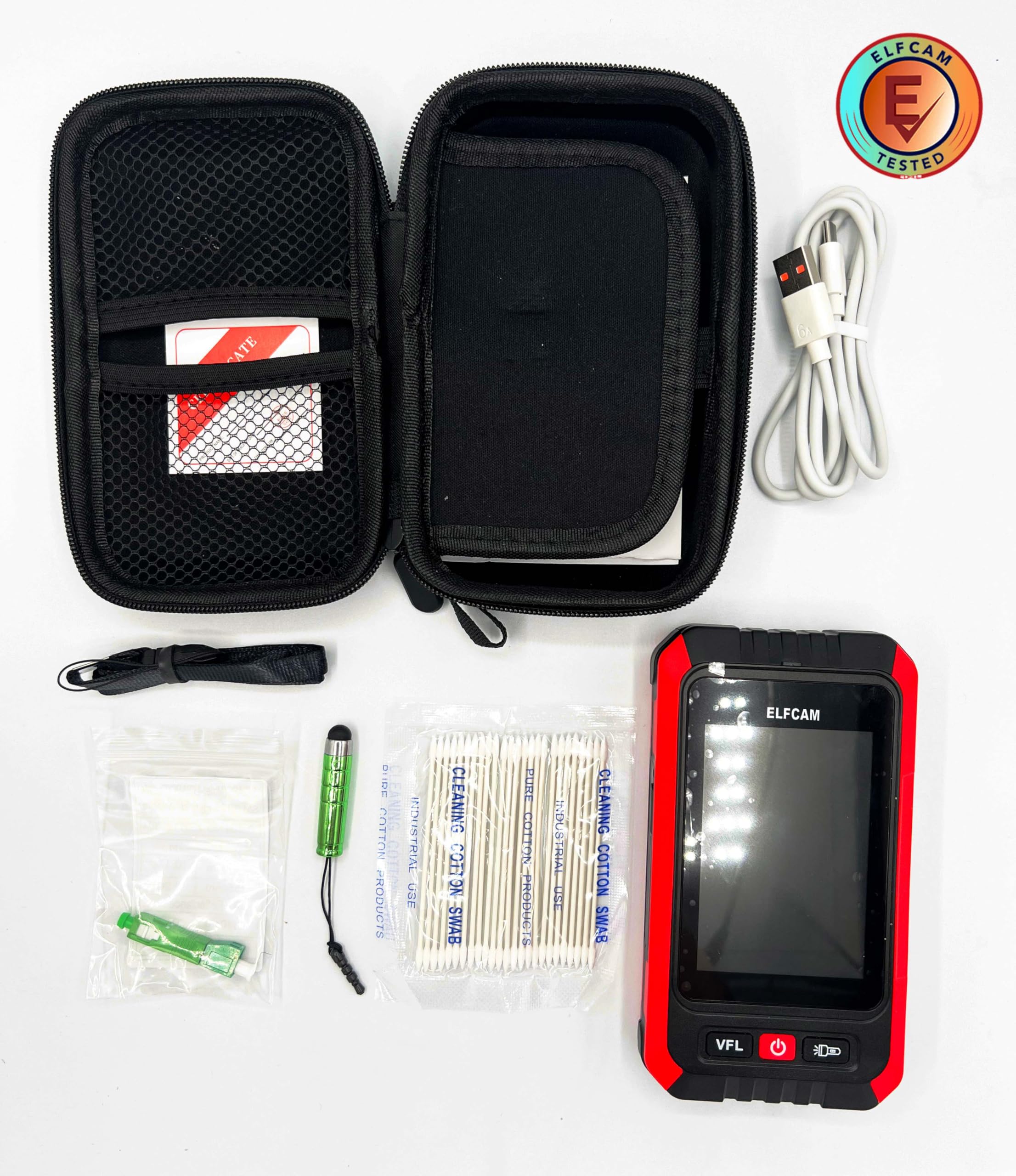 Elfcam - Mini OTDR Monomode 1310nm/1550nm, 22dB/20dB, Jusqu’à 60km, avec Photomètre/Multimètre Optique et VFL, La Livraison avec L' Adaptateur SC/APC Mâle à LC/APC Femelle