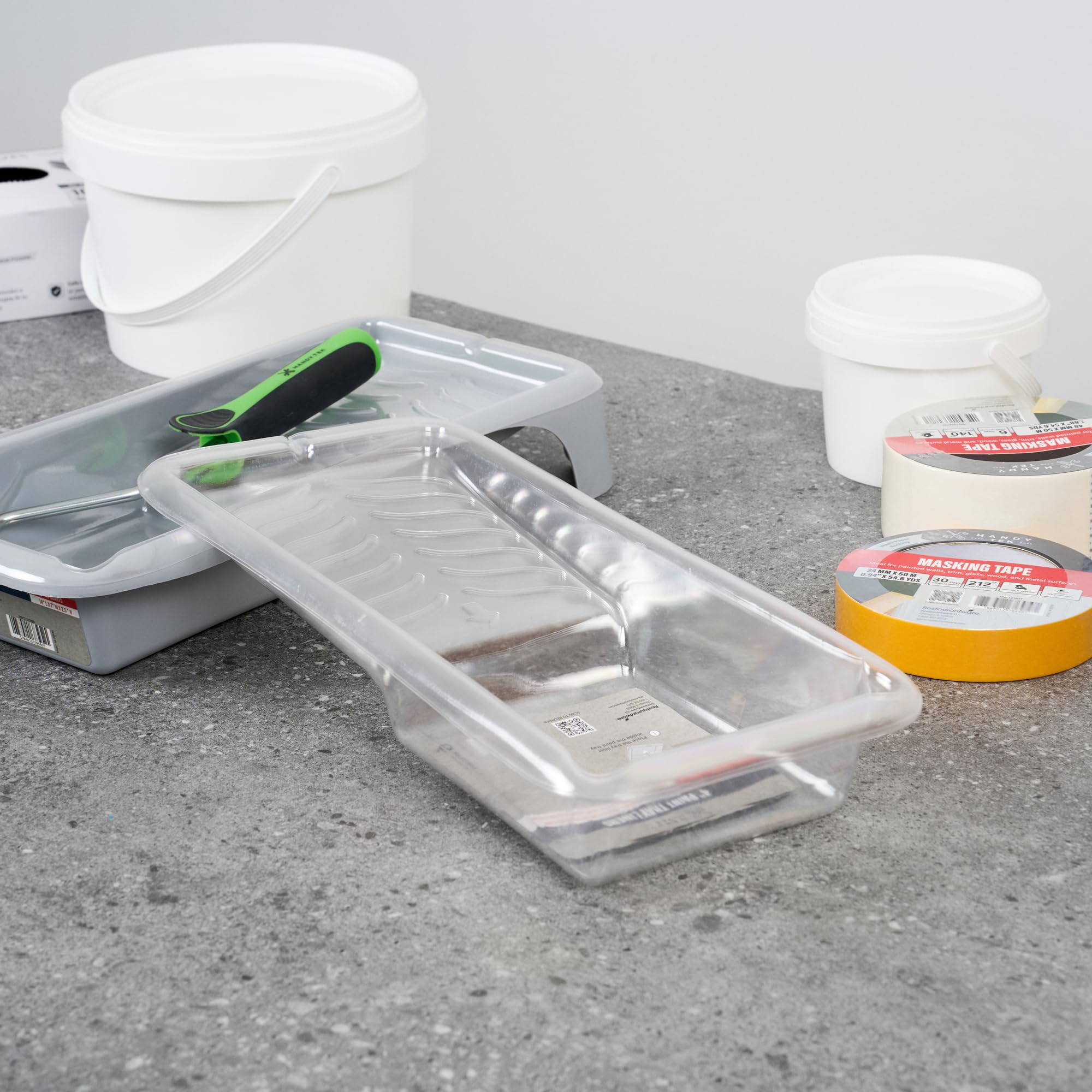Restaurantware Paquete de 60 forros de bandeja de pintura, desechables, de 4 pulgadas, resistentes al desgarro, suministros de plástico transparente con textura para pintura de casa, retoques, bordes