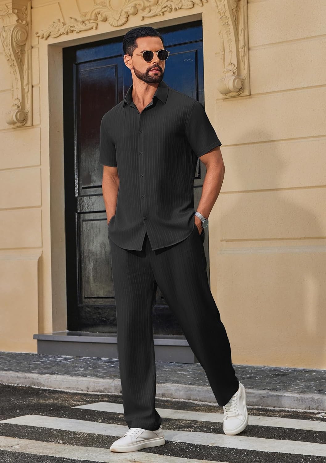 COOFANDY Mens 2 Piece Outfits Casual Summer Beach Textured Button Down Shirt Loose Pants Set - Image 7