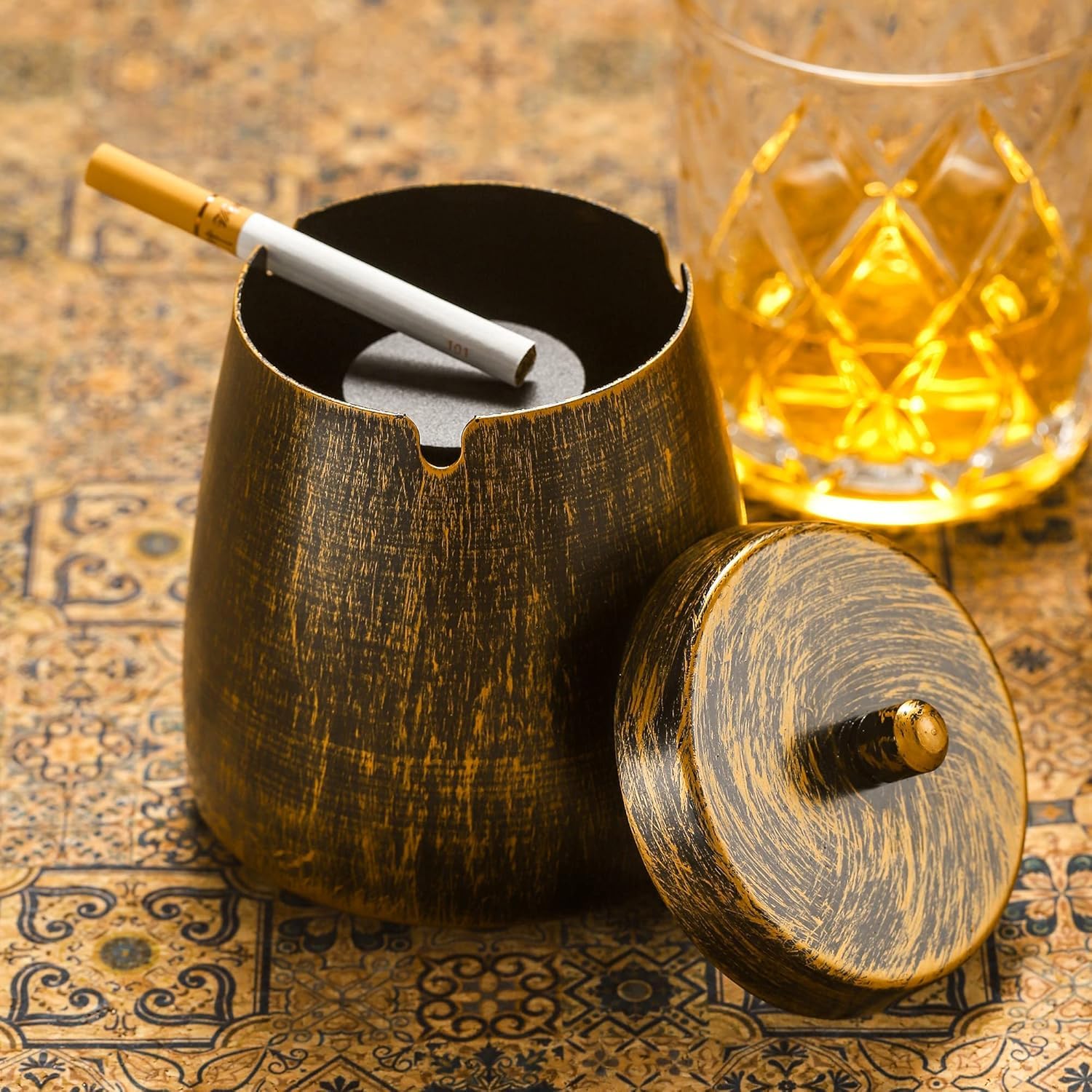 Nostrae by Ekhasa Metal Ash Tray with Lid | Round Iron Cigar & Cigarette Ashtray, Non-Slip Base, Weatherproof Design for Home, Office, or Balcony Decor - No Electricity Needed, Sleek Metallic Finish-image-18
