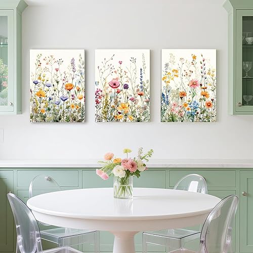 Miniatura 4 de WRFON Juego de 3 lienzos de flores silvestres para pared, impresiones florales botánicas sin marco, lienzo de flores de prado para sala de estar,