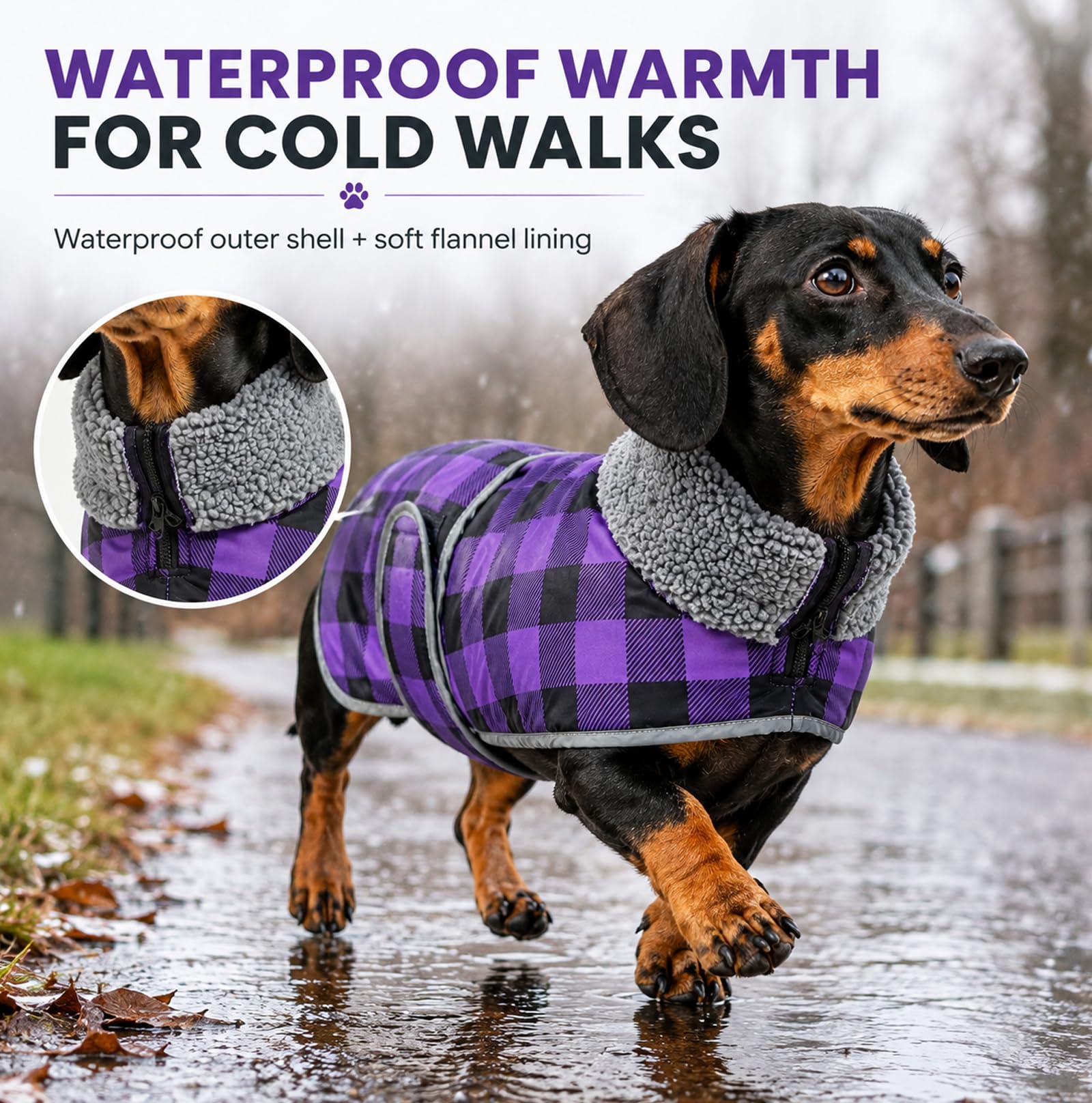 Geyecete dachshund jumper sausage dog coat grid dachshund waterproof coat, Purple - Image 3