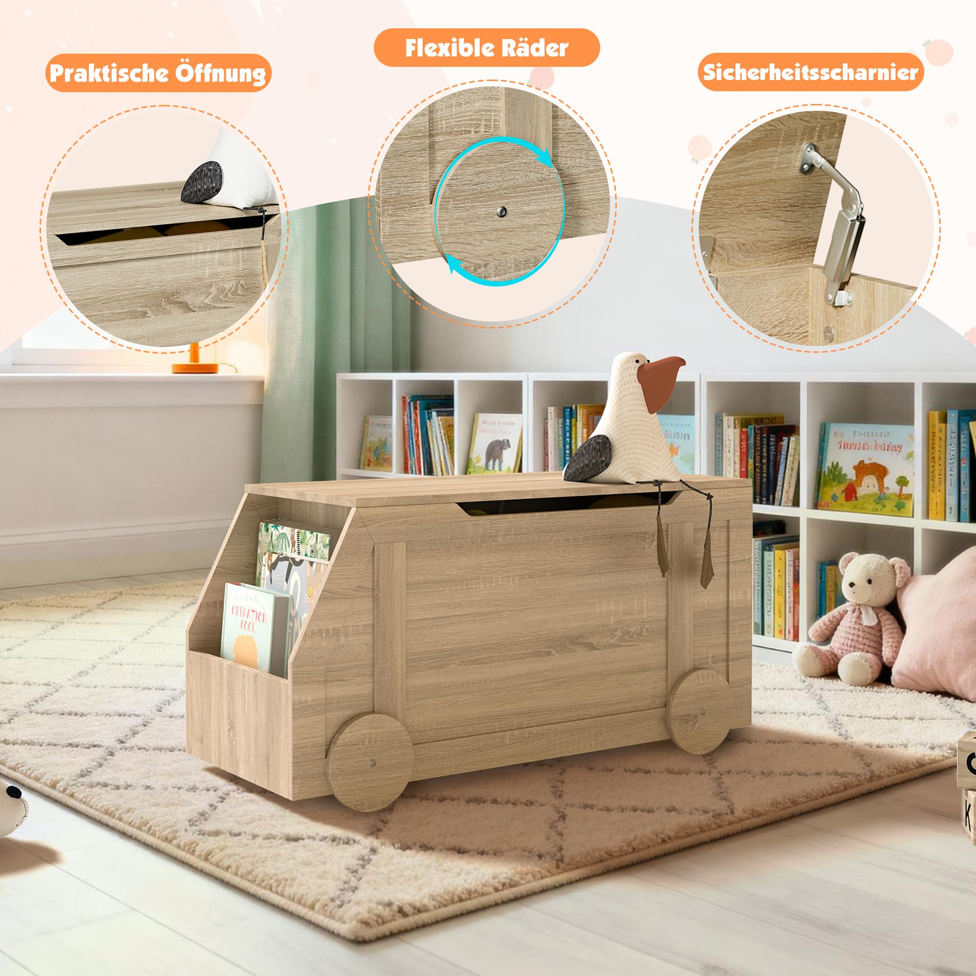 NACHES Sitzbank mit Stauraum, 100 x 40 x 51cm, Kinderzimmer (Natur) | Spielzeugkiste für Kinder, mit Deckel, Spielzeug Aufbewahrungsbox, für Flur, Schlafzimmer, Wohnzimmer