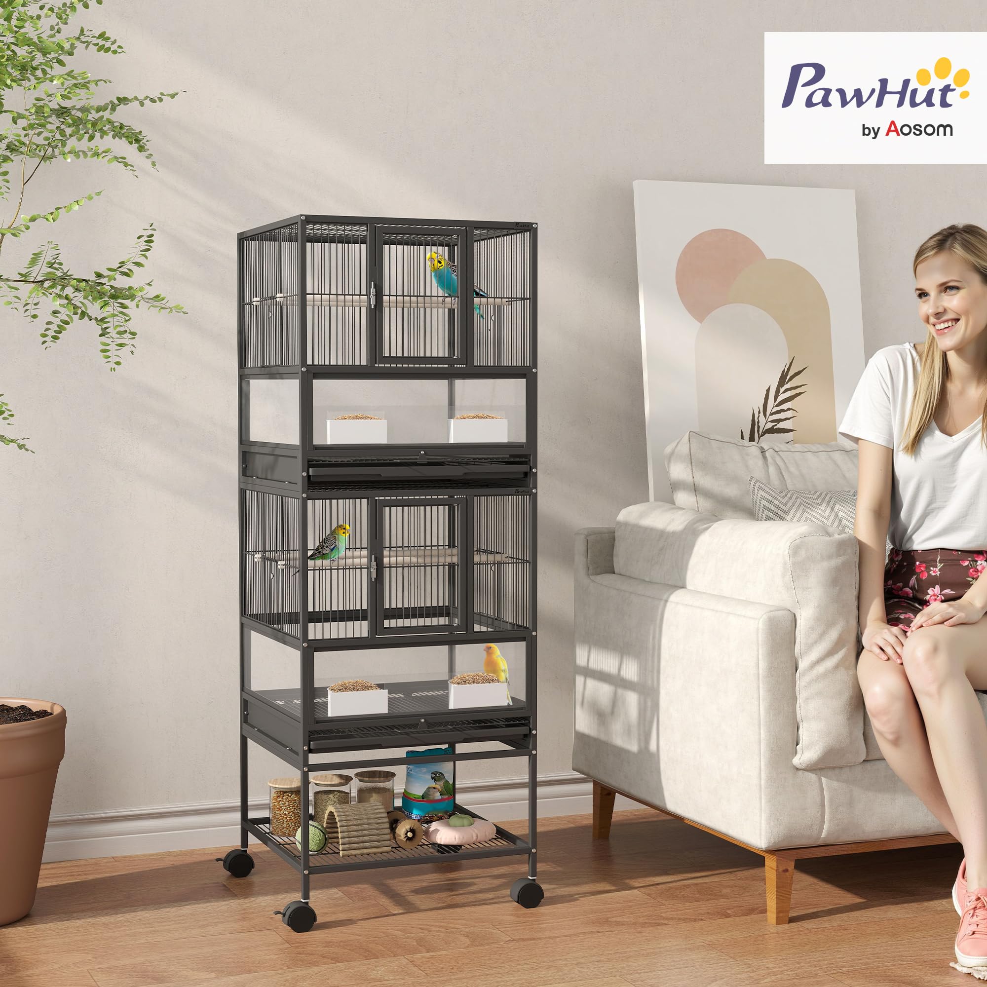 Pawhut Gabbia per uccelli grande gabbia a 2 livelli con ruote pannelli acrilici mangiatoie appendiabiti scaffale vassoi estraibili voliera per pappagalli Canarini 48 x 46 x 134,5 cm nero