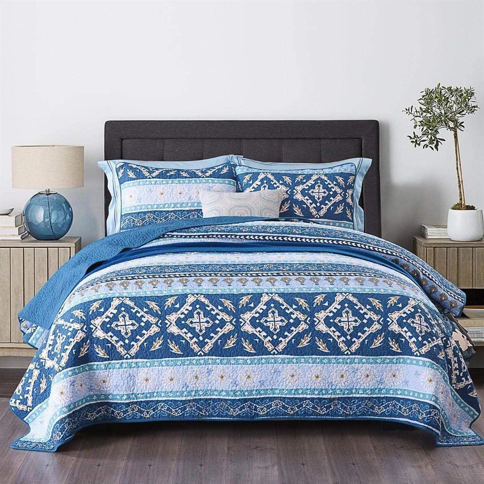 Parure de lit double en coton bleu 230x250 cm avec couvre-lit et taies style bohème