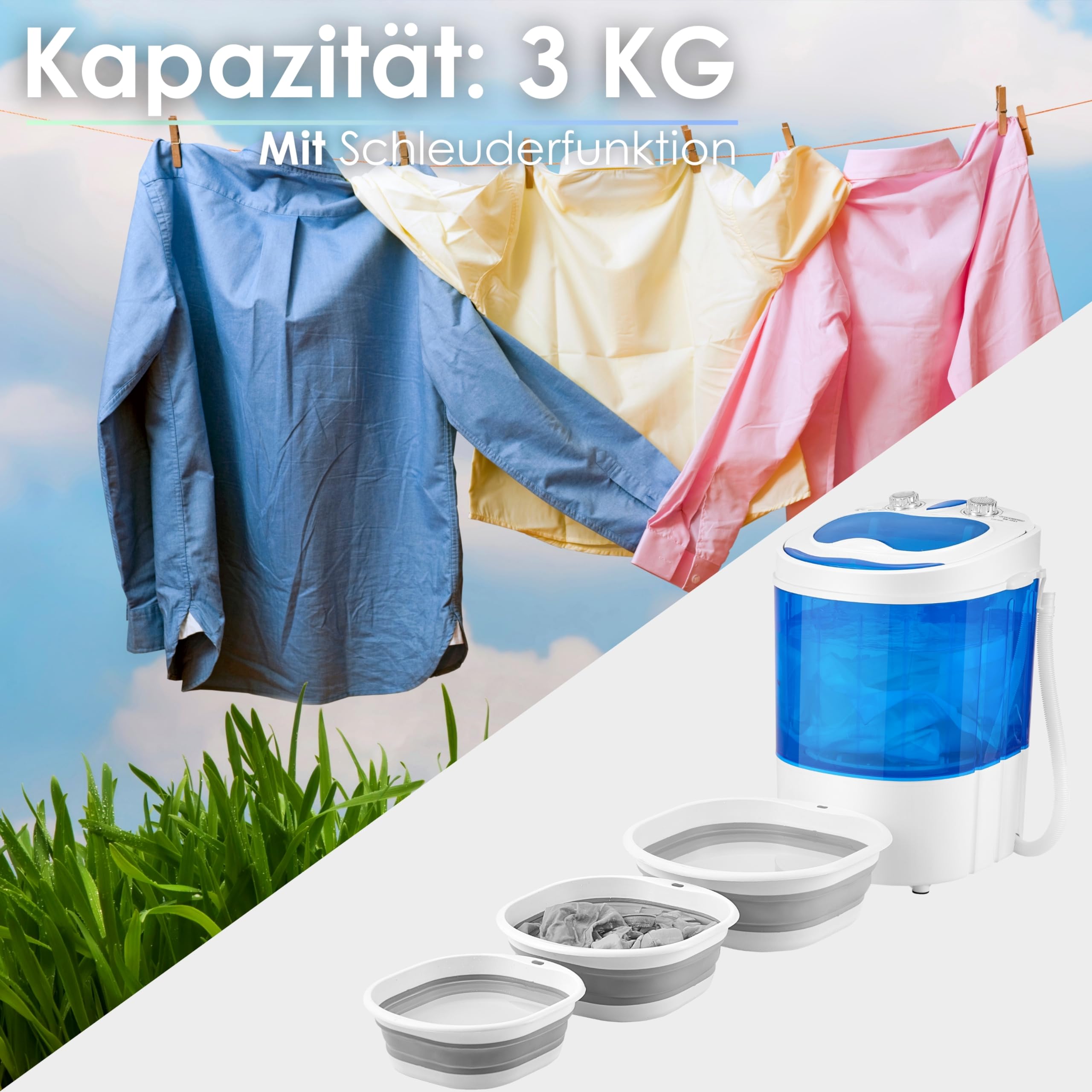 Mini Waschmaschine mit Schleuder Waschautomat bis 3 KG 2 Kammern Schleuderkammer bis 1 Kg Reisewaschmaschine Camping Mobile Waschmaschine Toploader Miniwaschmaschine