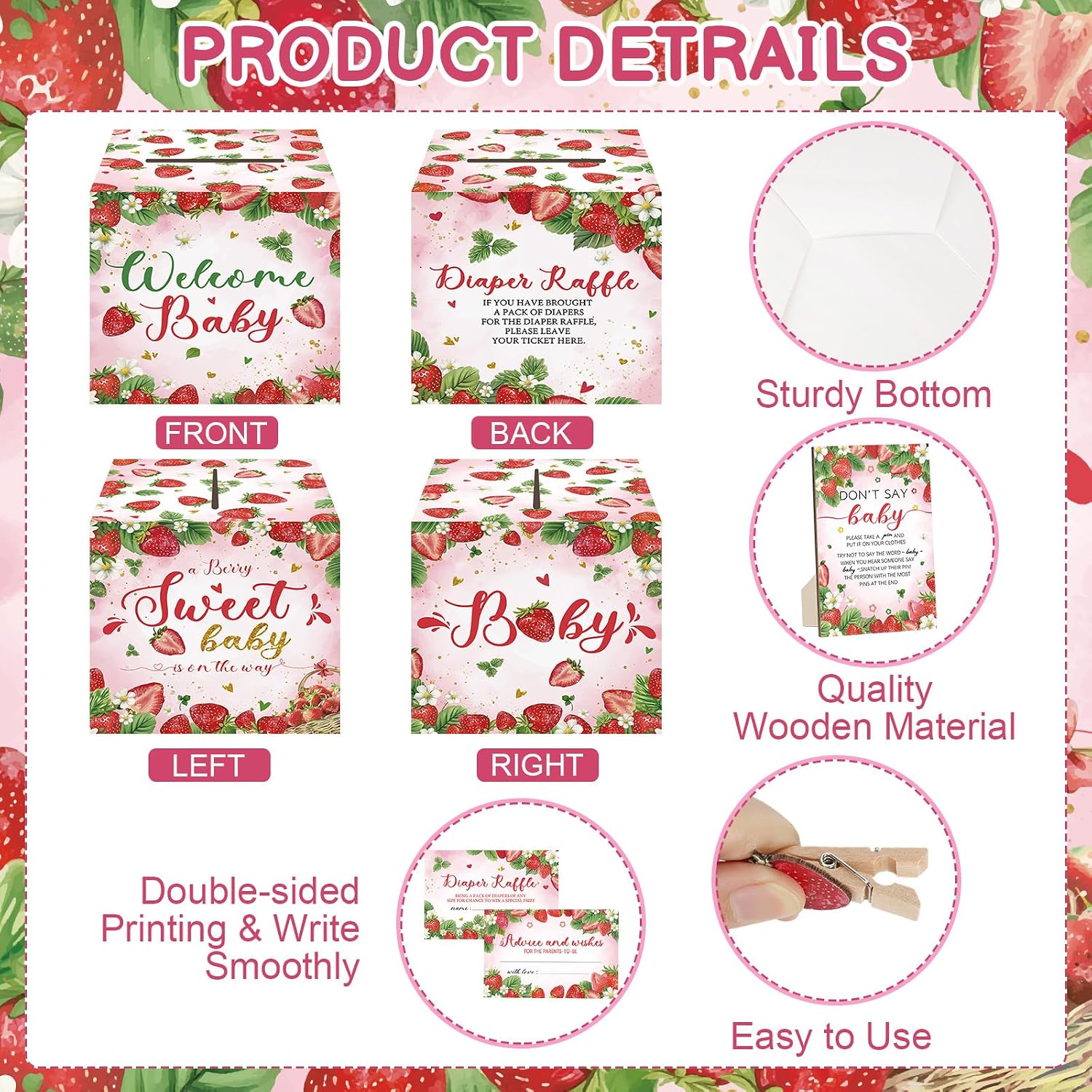 102 Pcs Strawberry Baby Shower Game Supplies Include 50 Diaper Raffle Tickets,1 Diaper Raffle Card Box,1 Don't Say Baby Sign and 50 Strawberry Mini Clothespins for Girls Gender Reveal Party Favors image 3