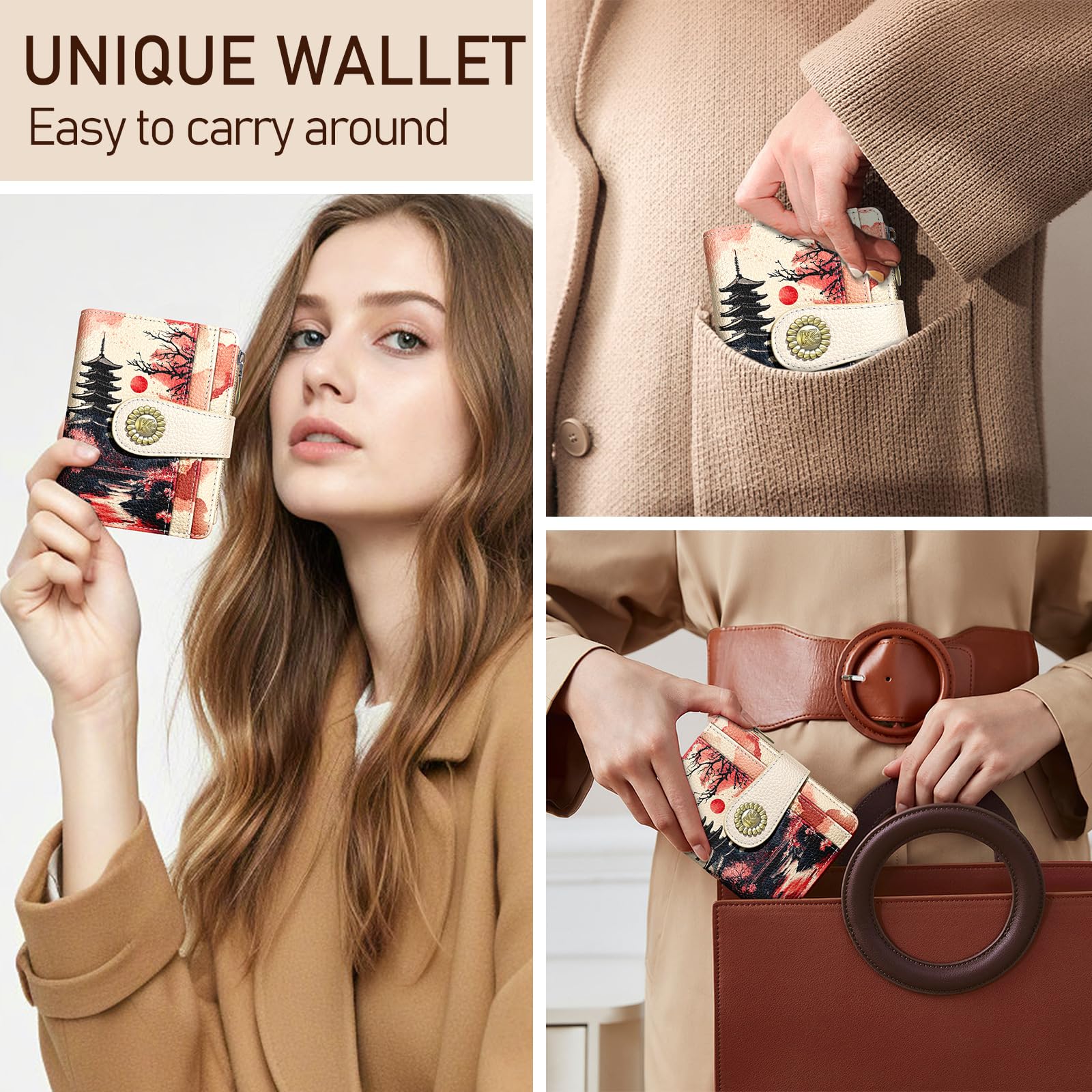Kelvoris Japanese Sunset Goth Small Rfid Women Wallet Bifold Zipper Coin Pocket PU Leather Compact Cash Credit Card Holder Travel Wallet for Female Ladies Teen Girls 1 ID Window 10 Card Slots