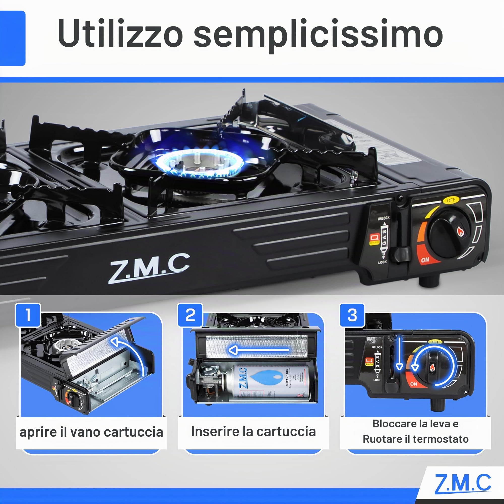 Z.M.C Fornello a Gas da Campeggio con 2 Fuochi e Piastra 45 x 24 cm, 8 Cartucce da 227g, Dispositivo di Sicurezza per Esterni ed Interni