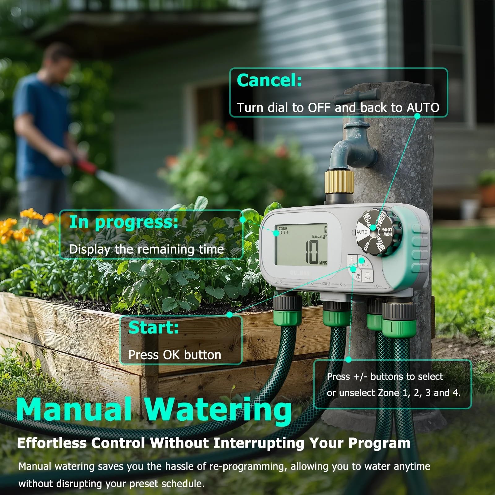 Timer for irrigazione programmabile con ingresso e uscita in ottone a 4 zone, di irrigazione del prato con ritardo pioggia/manuale/automatico