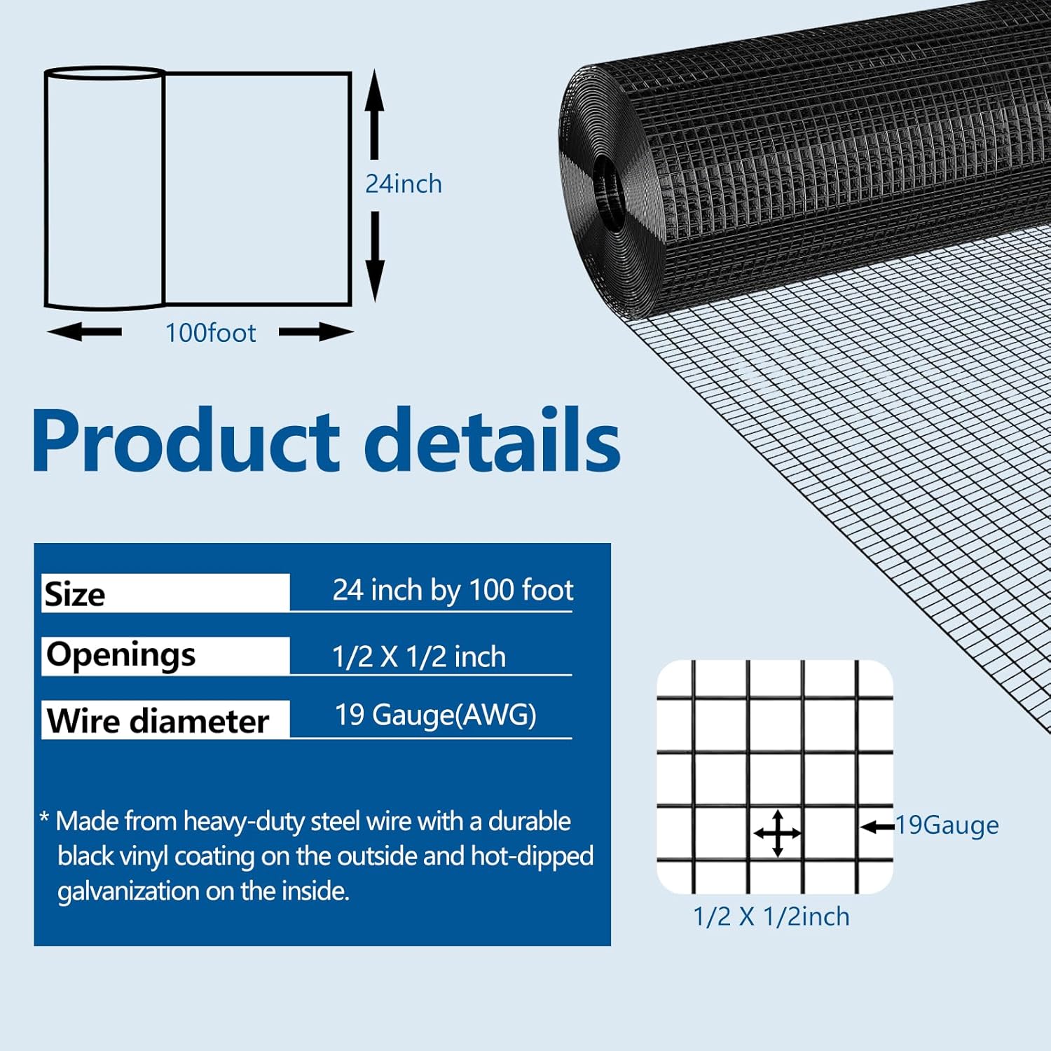 Black Hardware Cloth 1/2 inch 19Ga PVC Coated Wire Mesh Vinyl Coated Fence Welded Metal Chicken Wire Fencing Roll (1/2 inch 24in x 100ft)