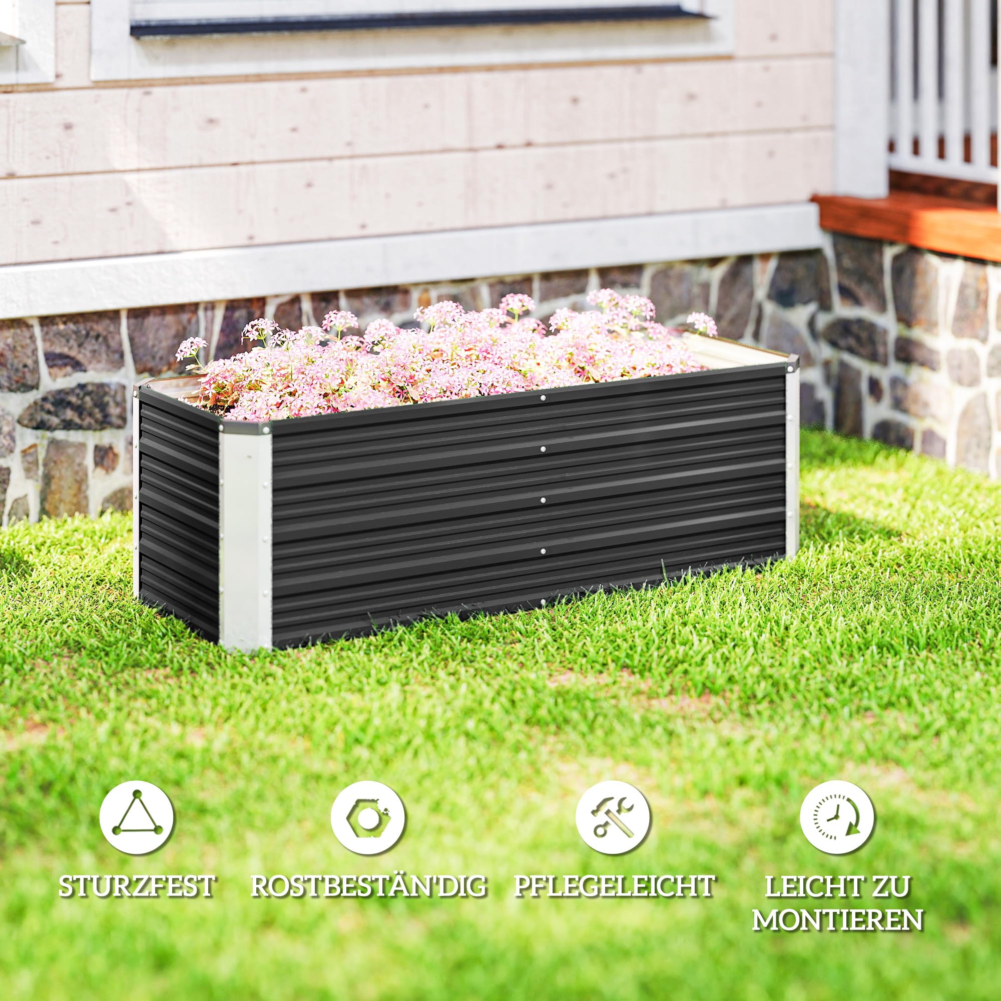 Outsunny Hochbeet aus Stahl mit Handschuhe 125 x 47 x 44 cm Kohlegrau | Schmal Gartenbeet, Pflanzkasten, Blumenkasten, Blumenkübel