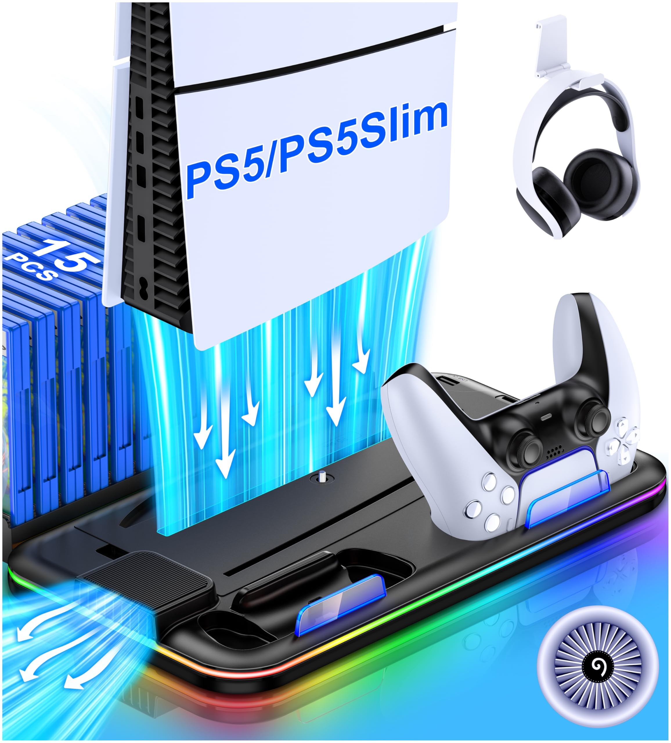 PS5/PS5 Slim Stand and Cooling Station with Controller Charging Station for Playsation 5, PS5 Accessories Kit Incl. 3 Levels Cooling Fan, LED, 15 Game Slot, Headset Holder for PS5 Digital/Disc Console