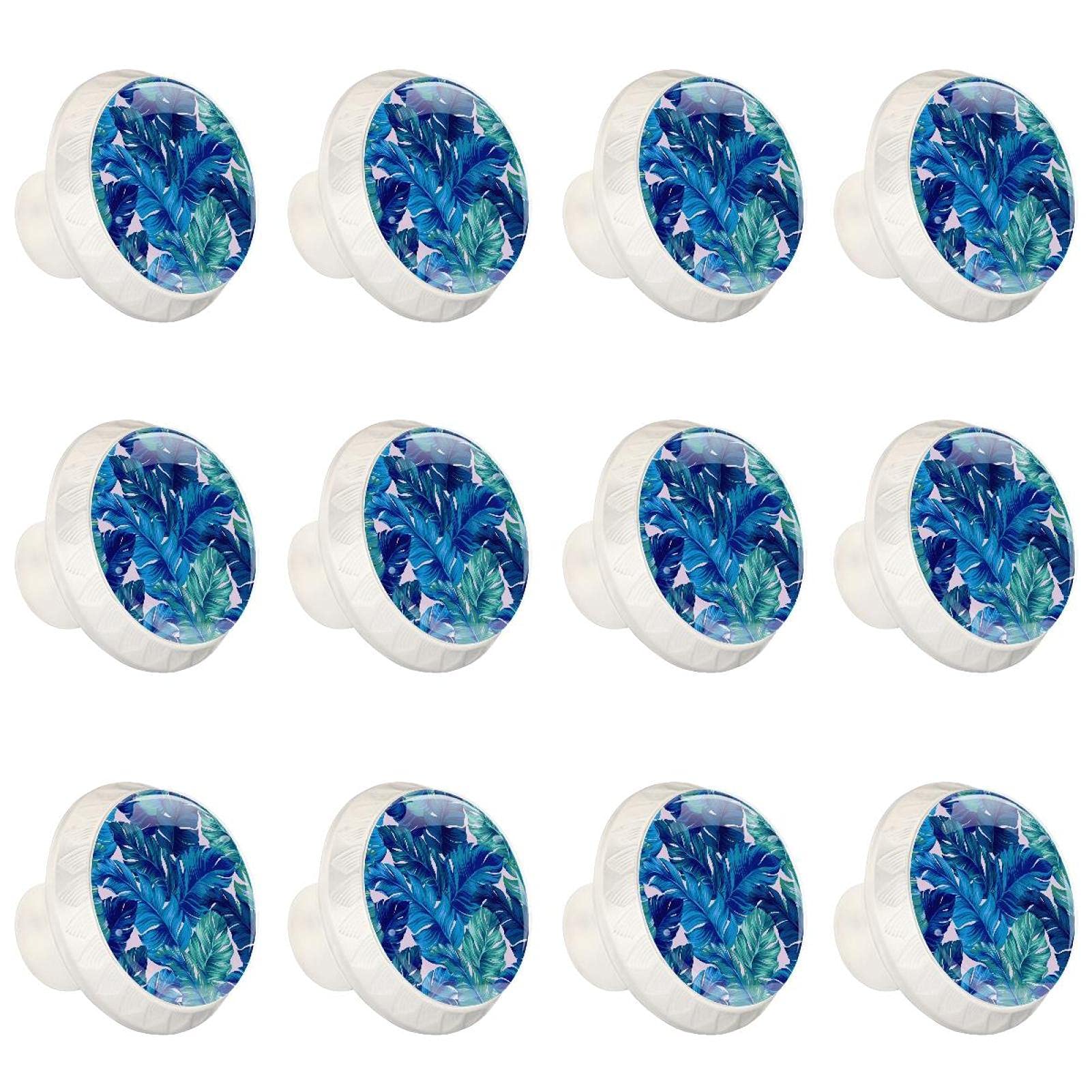 Boutons ronds pour placard de cuisine imprimé feuilles de palmiers bleues | Set de 12