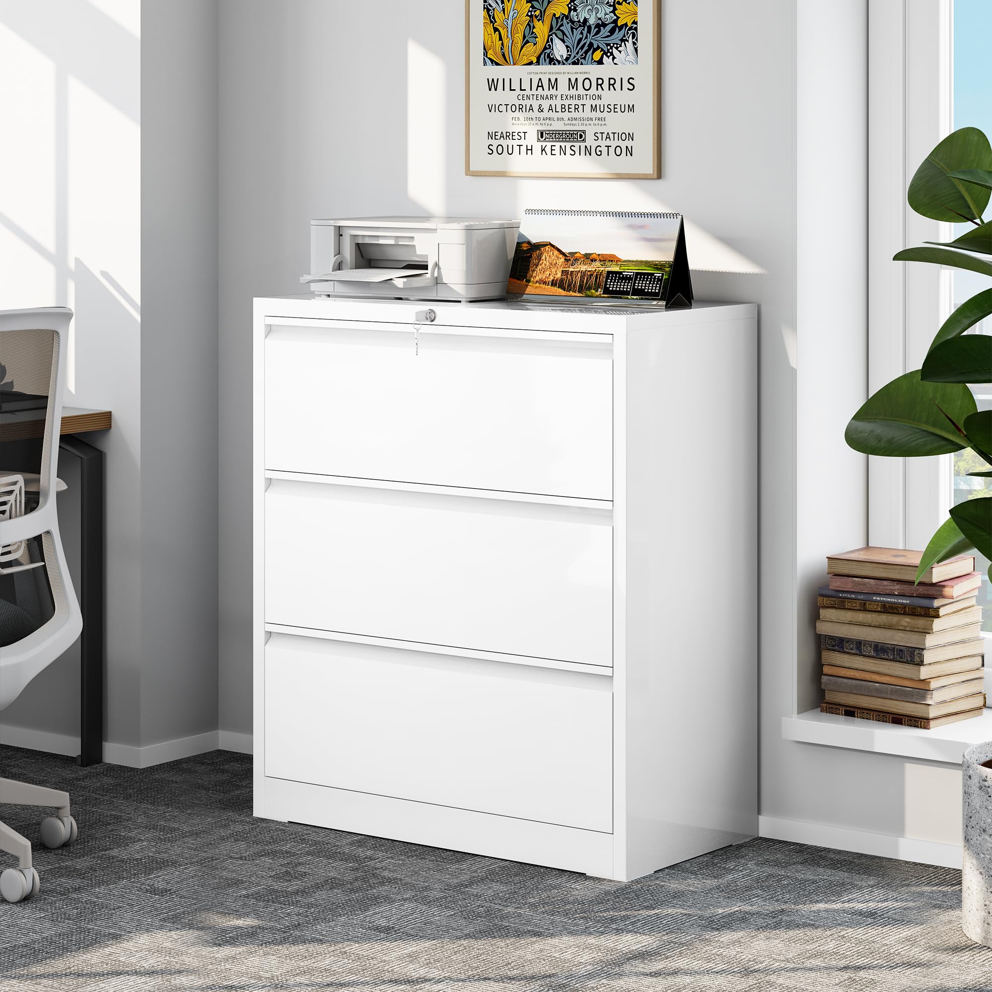 YITAHOME 3 Schubladen Aktenschränke mit Schloss, Metall-Edelstahl-Schrank für A4-Formate, Büro-Organisationsschrank, weiß, 103x90x46cm