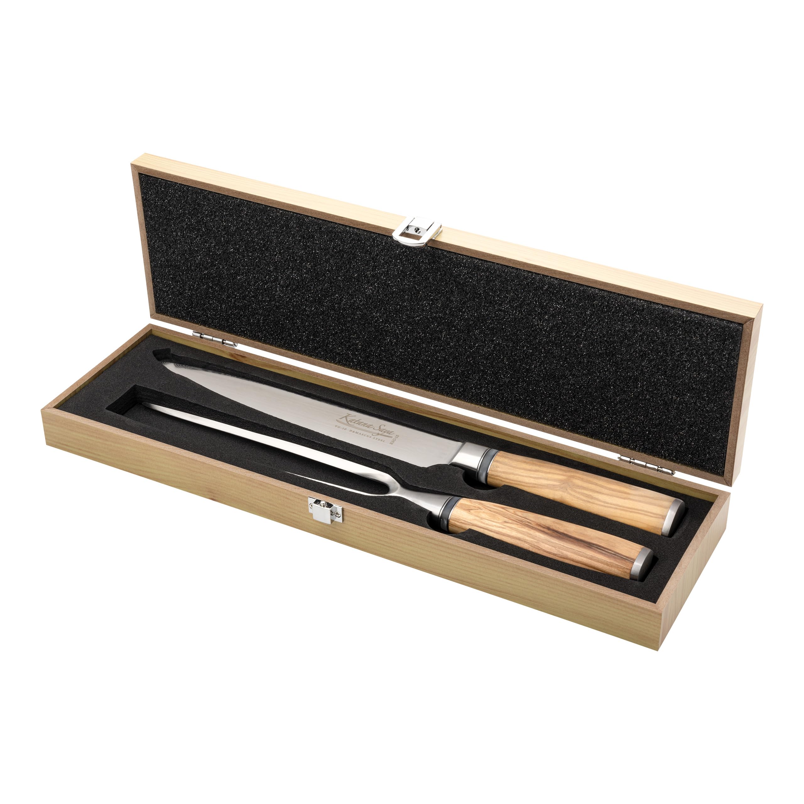 Olive Wood Juego de trinchar de 2 piezas, cuchillo trinchador de 20 cm y tenedor trinchador de 18 cm, acero inoxidable damasco VG-10 japonés, mango de madera de olivo natural