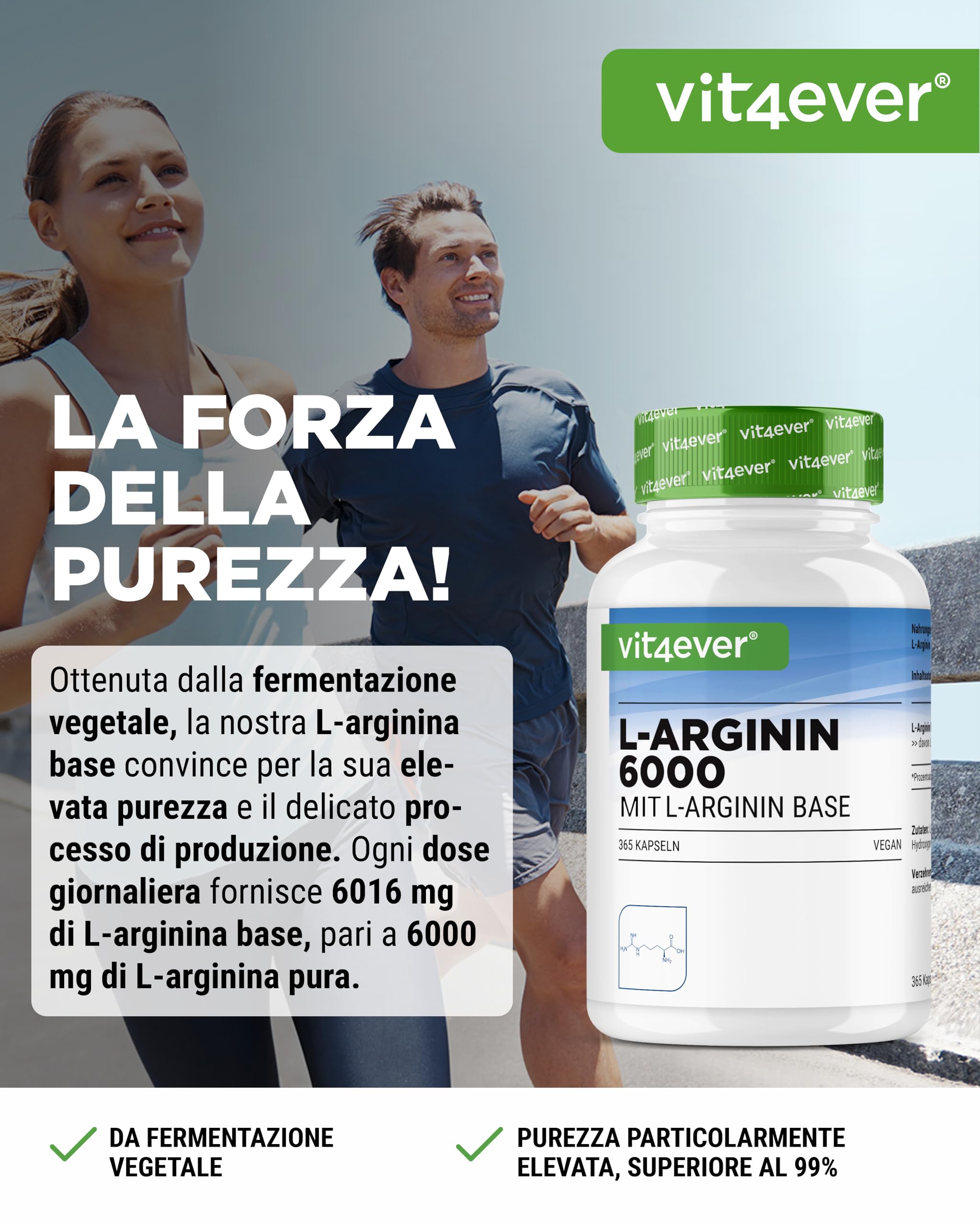 L-Arginina - 365 capsule - 6000 mg di L-Arginina pura per dose giornaliera - Prodotta per fermentazione vegetale - Altamente dosata - Senza additivi - Vegan