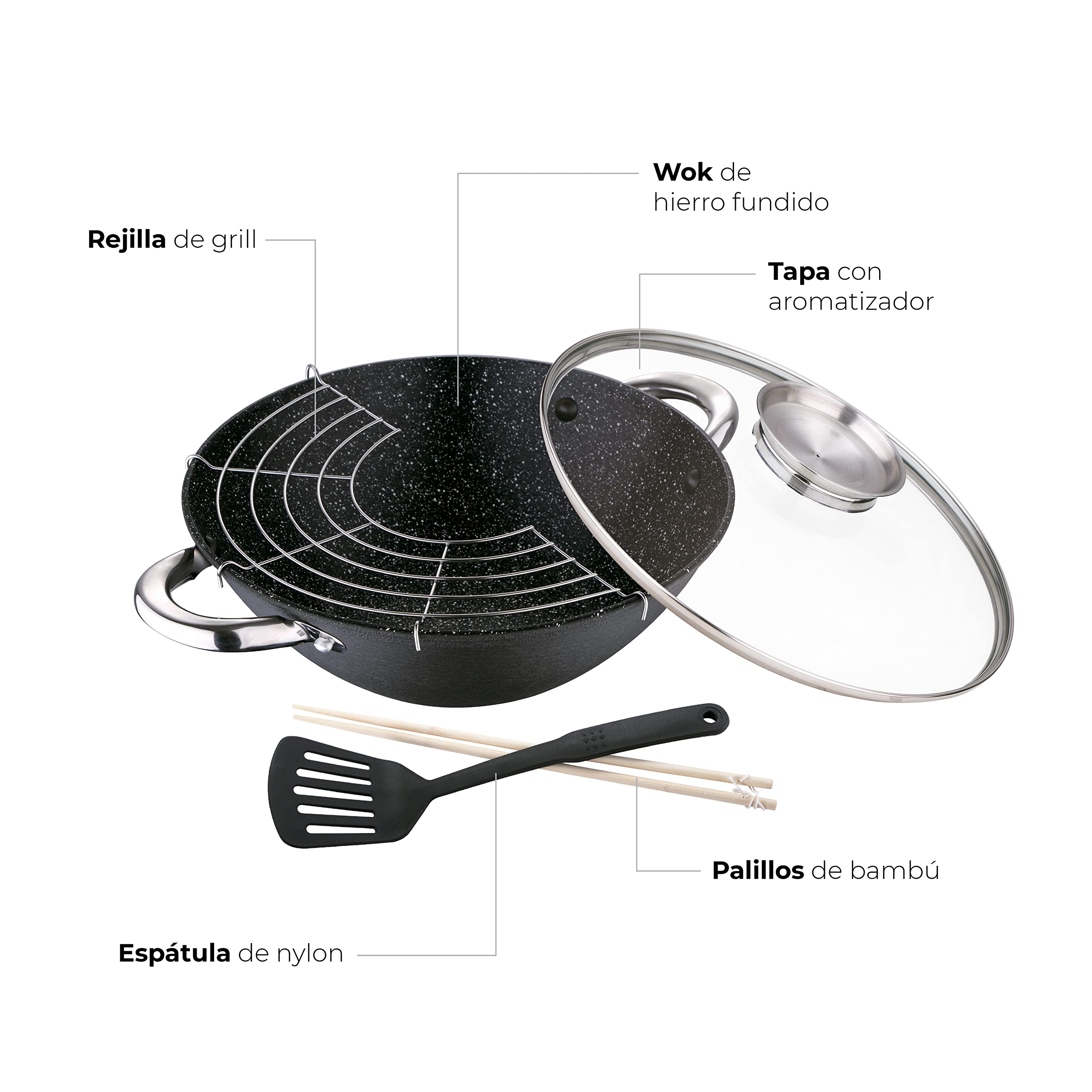 RENBERG Wok Wasabi | Poêle à wok avec revêtement en marbre et couvercle en verre | Fonctions et accessoires multiples | Wok en fonte | Compatible avec les plaques à induction, 28x40x12 cm