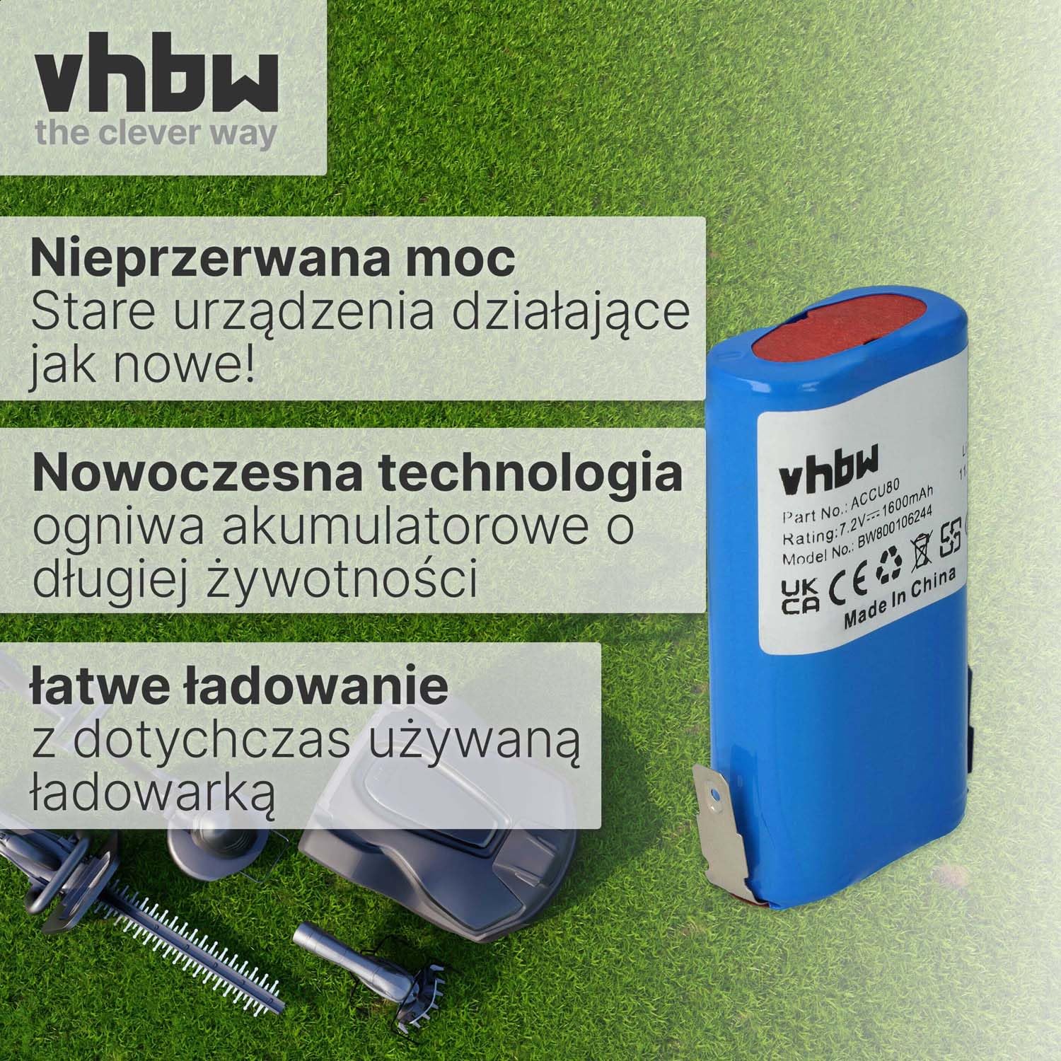 vhbw Bateria kompatybilna z Gardena Accu80 8824 nożyce do żywopłotu, nożyce elektryczne (1600mAh, 7,2V, Li-ION)