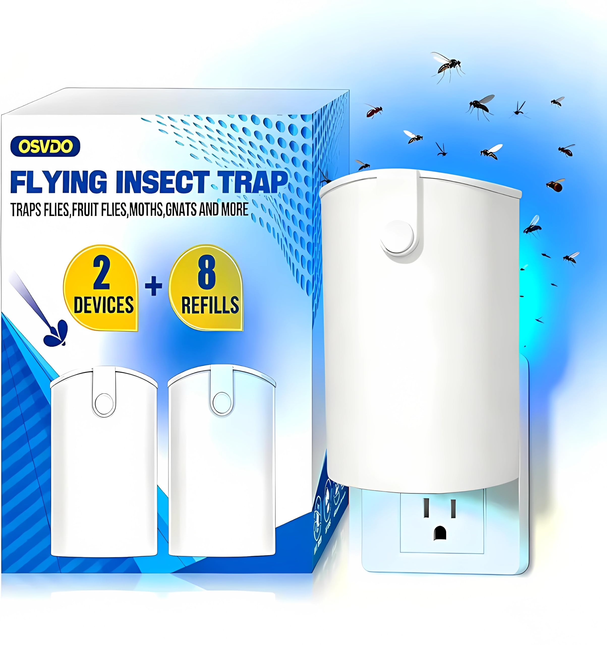 Trappole per insetti volanti, 2 dispositivi e 8 ricariche, trappola per moscerini e moscerini, trappola per moscerini e mosche, con luce UV notturna, per casa, ufficio