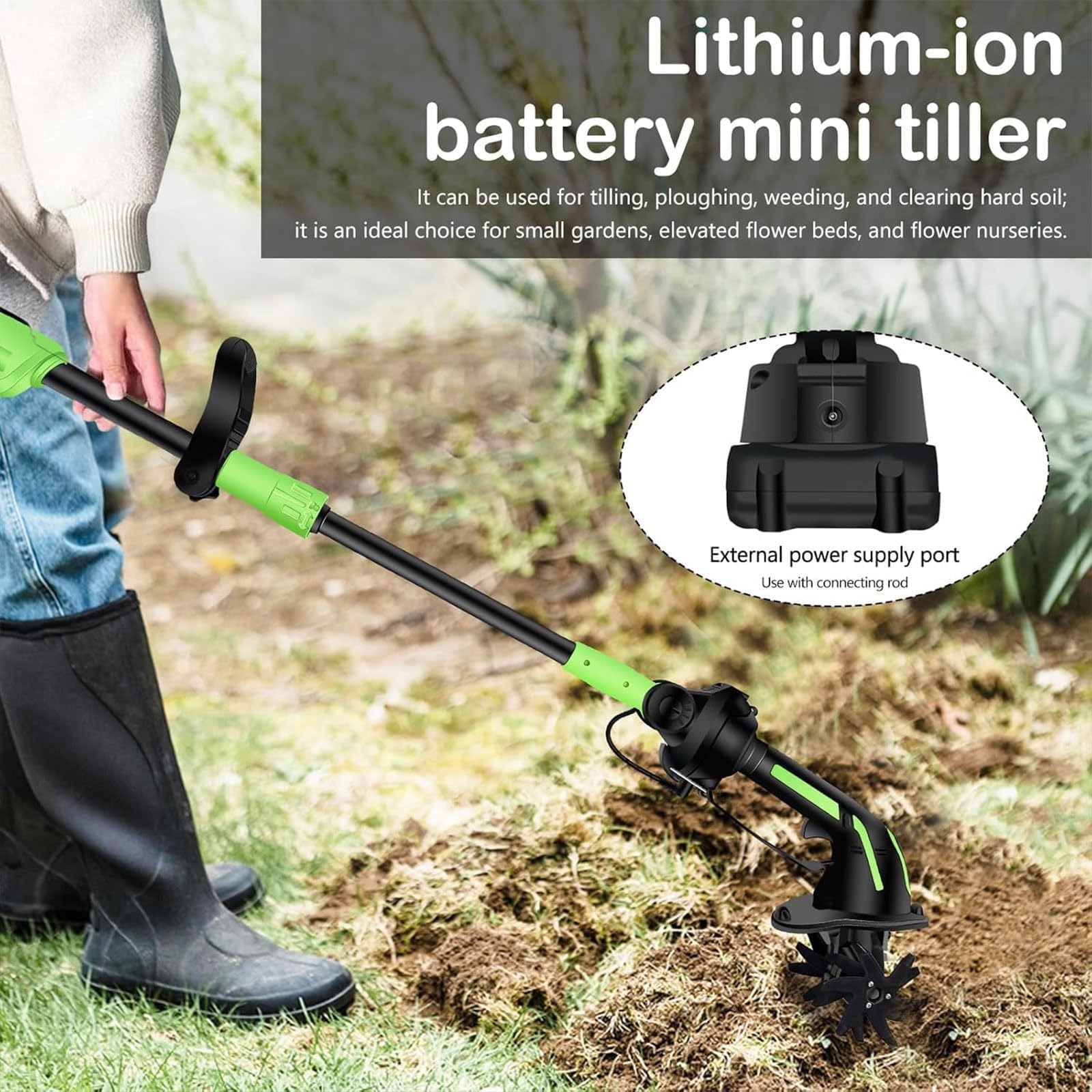 Generico Motozappa Senza Fili, Coltivatore Elettrico da Giardino con Manico Estensibile, profondità 10cm, 4 Lame Mini Fresatrice Manuale per Giardinaggio e Aiuole