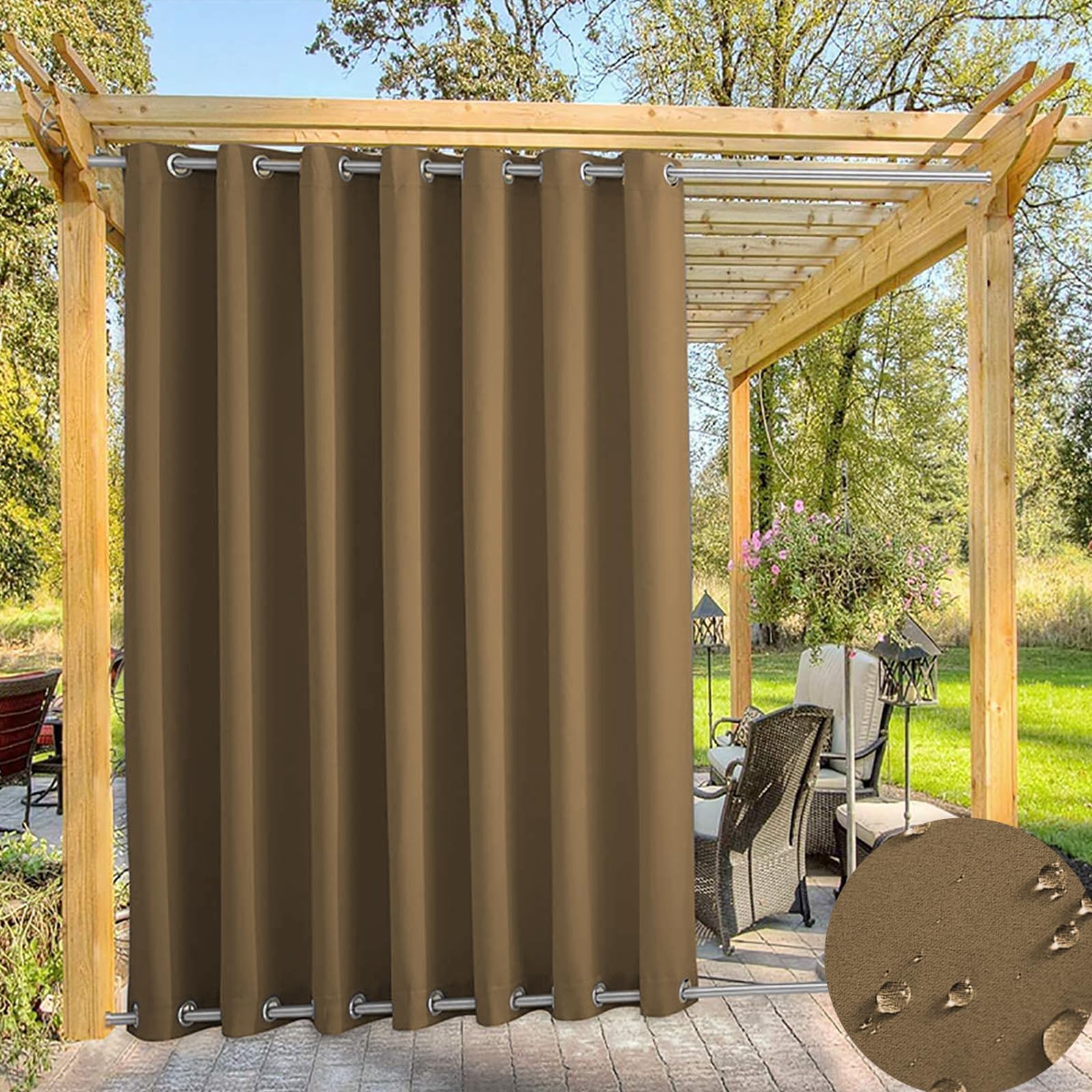 Waterproof Outdoor Curtain for Garden Patio Gazebo Curtains, Thermal Insulated Blackout Curtains with Grommet (Top and Bottom),Sun Blocking Curtains for Indoor |1 Panel, Light-brown,W120''*H100'' — image 1