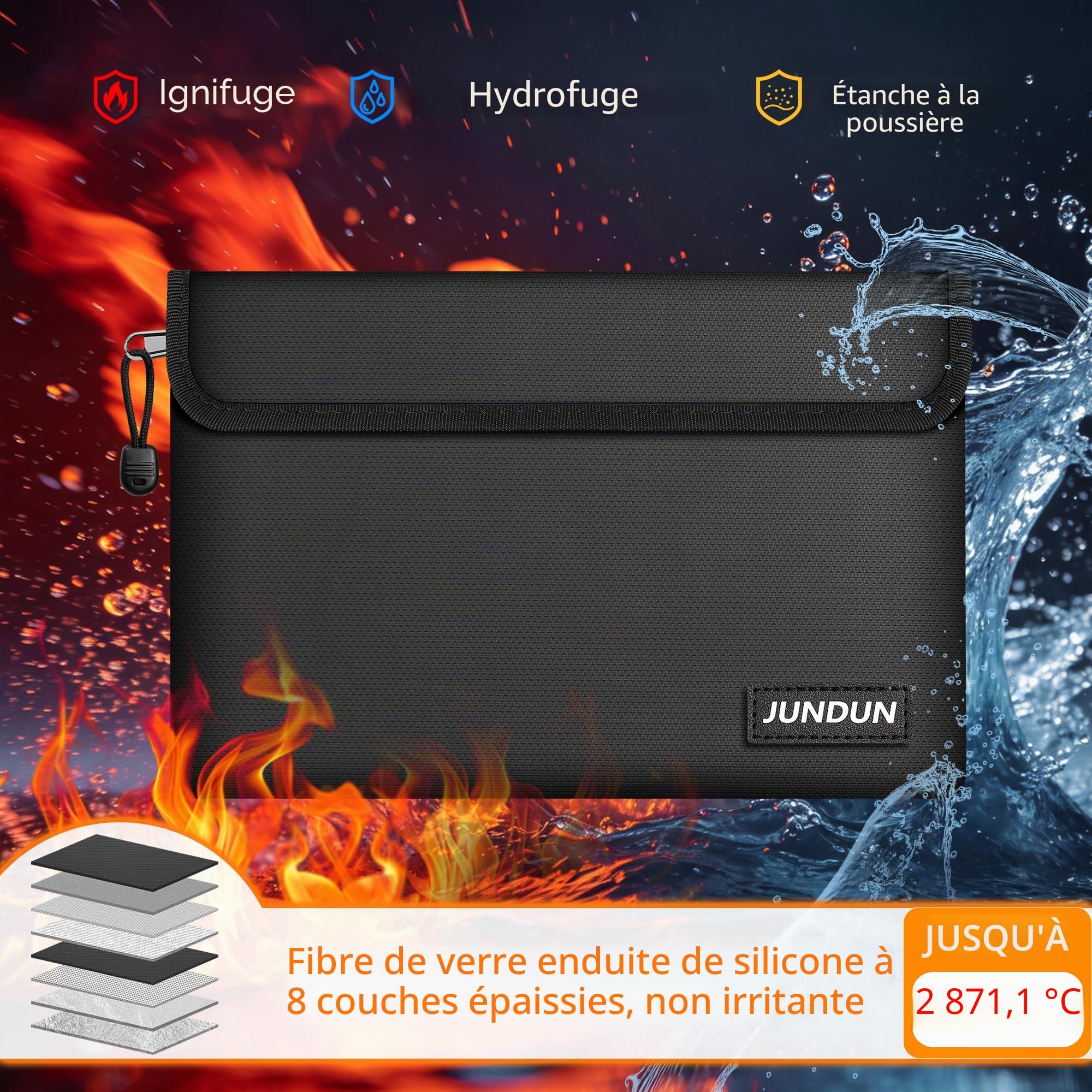 JUNDUN Porte-documents ignifuge (27 x 17 cm, 5200 °F), 8 couches, imperméable et ignifuge, sac de rangement ignifuge avec fermeture éclair pour argent, passeport, cartes bancaires