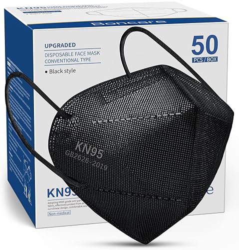 Boncare KN95 Face Masks 50 Pack, Black, 5-Layer Disposable Face