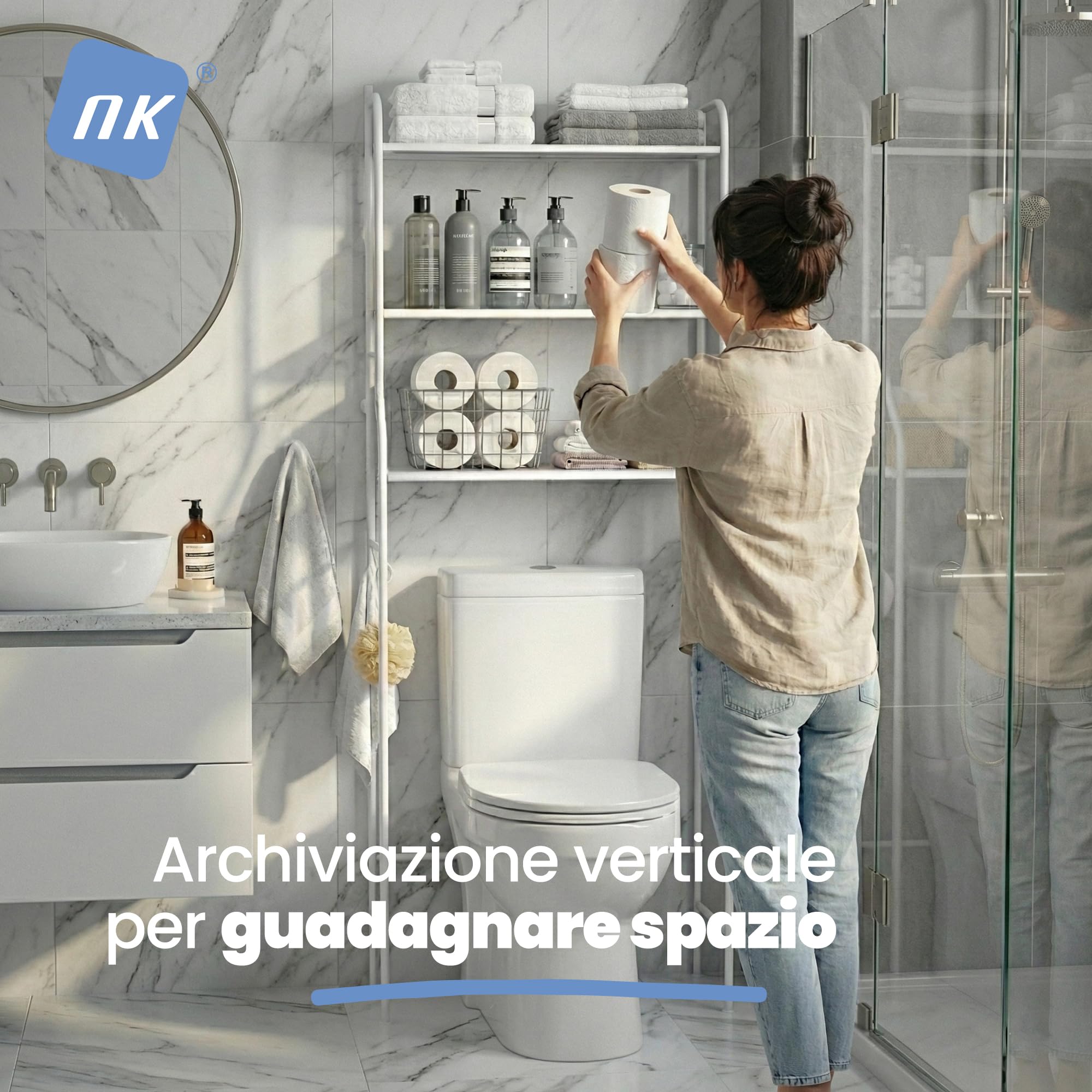NK Scaffale Da Bagno Sopra WC – 153×47×26 Cm, 3 Ripiani Superiori, Portarotolo, 3 Ganci, Piedini Antiscivolo, Ferro + PP, Bianco, Montaggio Facile