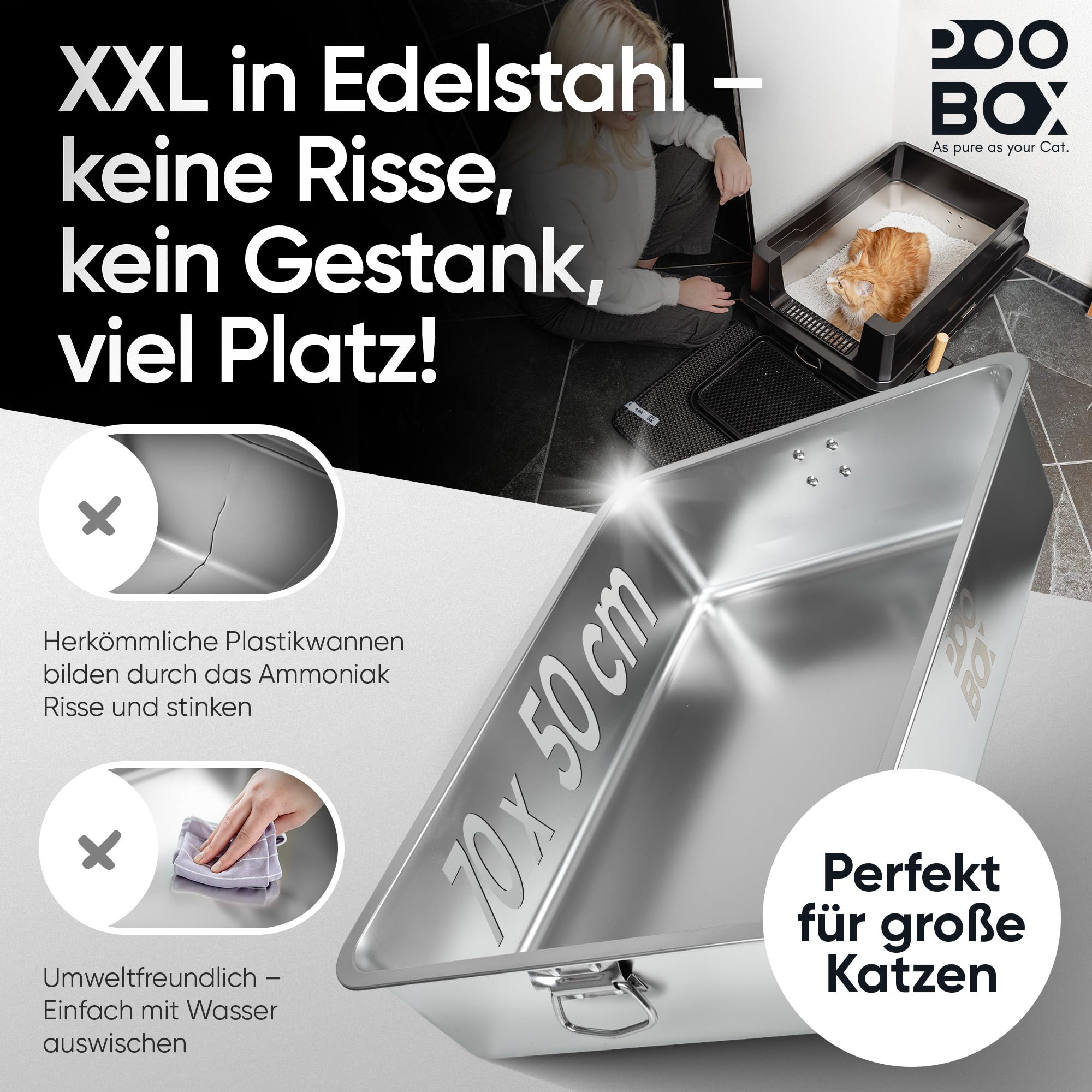 Katzenklo Edelstahl XXL, 70x50, schwarz für große Katzen, Zubehör | auslaufsicher, Maine Coon, geruchsarm, Schaufel, Matte und Stufe, einfache Reinigung, hygienisch, Mehrkatzenhaushalt