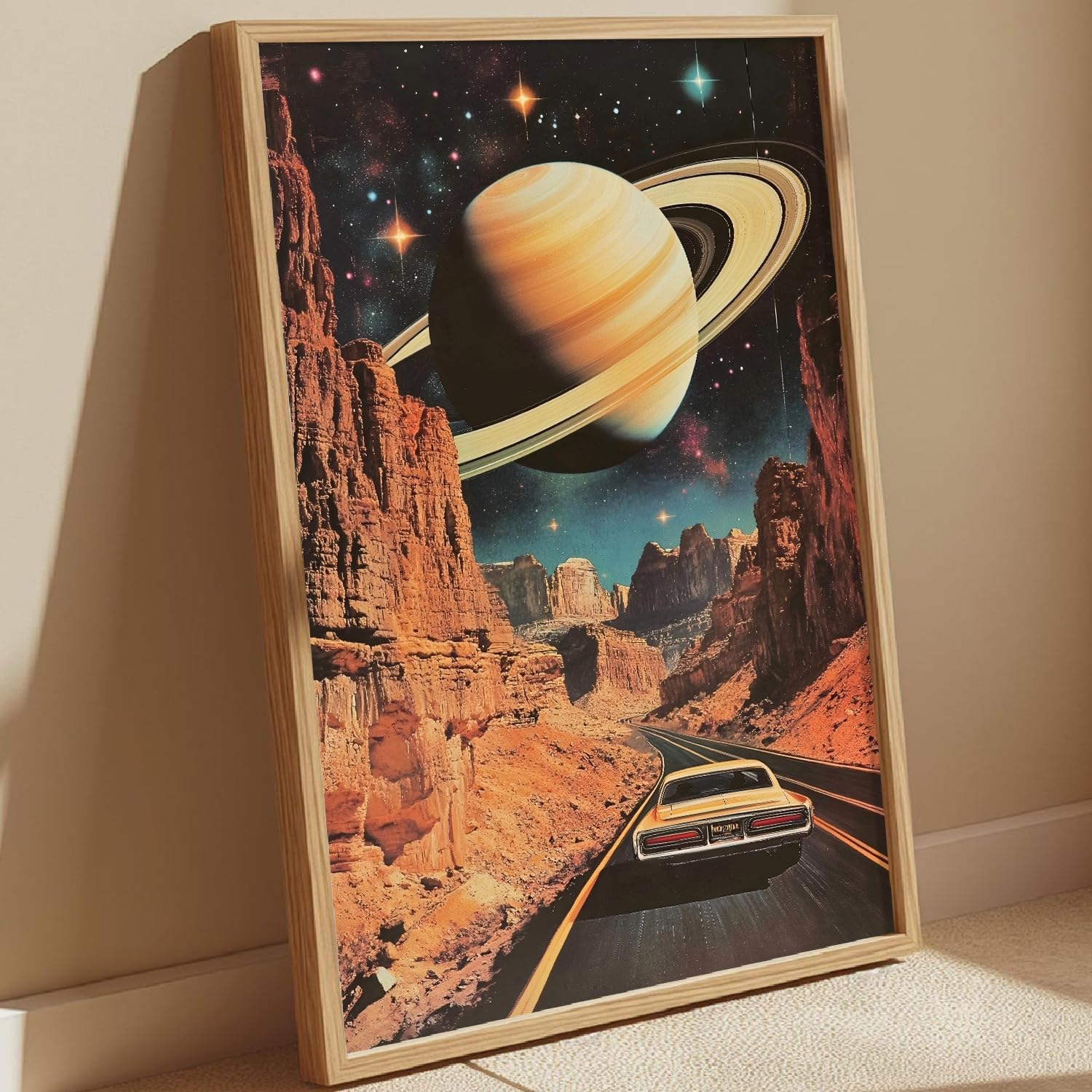 Vintage Desert Wall Art Surreal Landscape Art Prints Vintage Western Artwork Futuristic Posters Car Painting Planet Pictures Wall Decor Retro Surreal Collage Poster Funky 70s Painting 16x24in No Frame