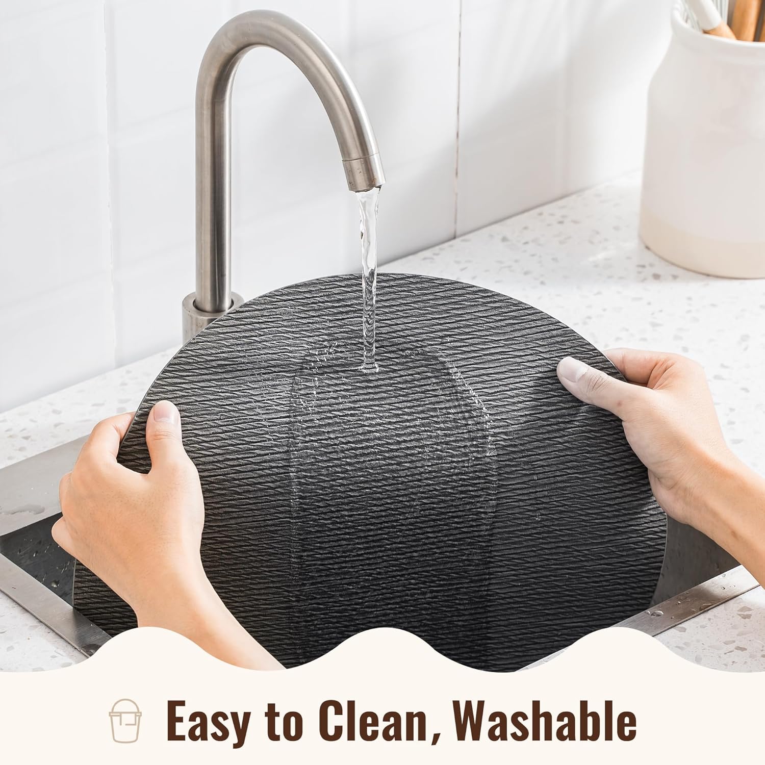 Jovono 15" Faux Leather Big Round Placemats Set of 4 - Washable Heat Resistant Non-Slip Dining Table Mats with Fabric Texture for Kitchen Home Party Decor, Gray